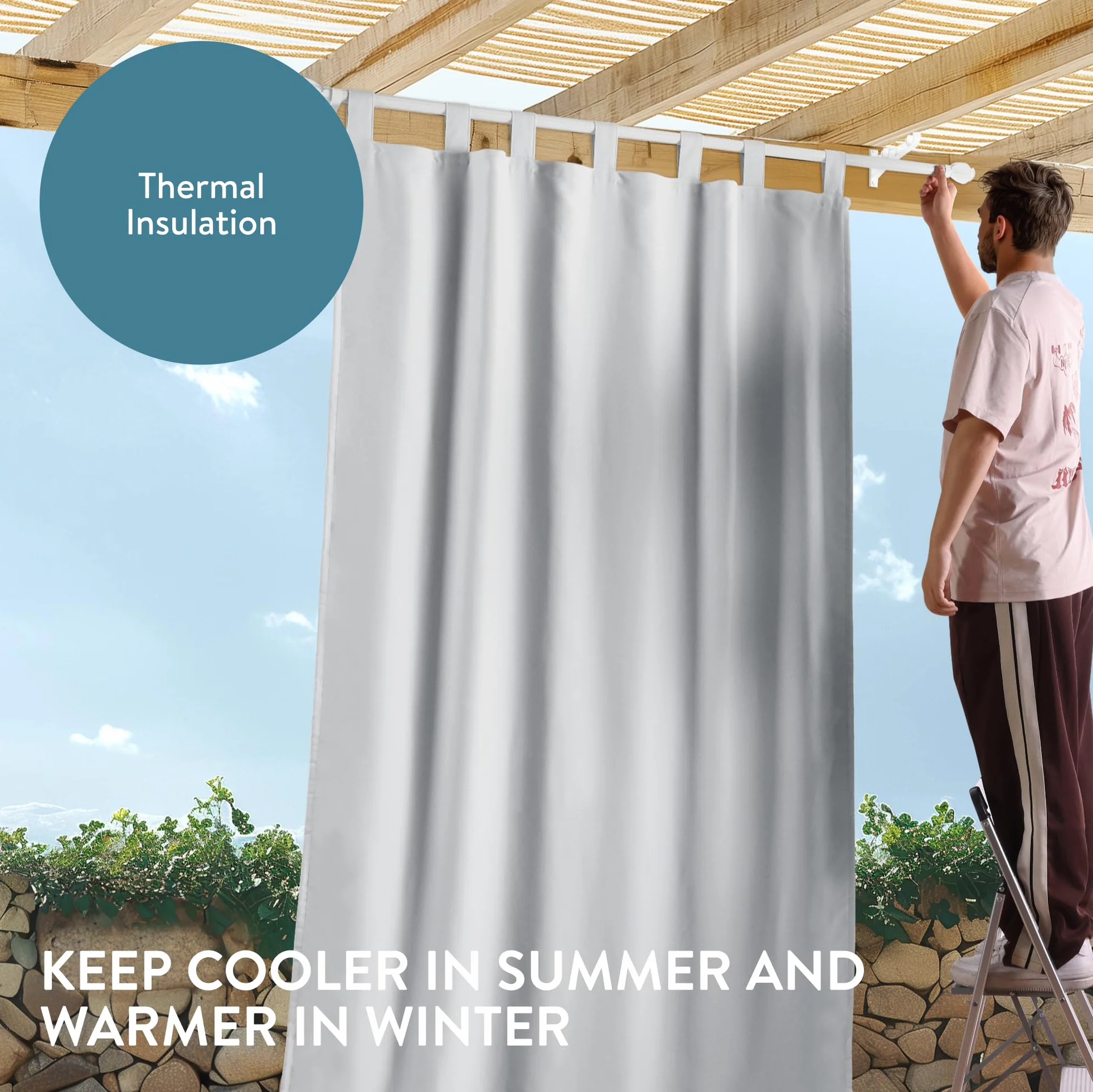 JEMIDI Patio Outdoor Curtain 1pcs Waterproof Velcro Strapsx5 White