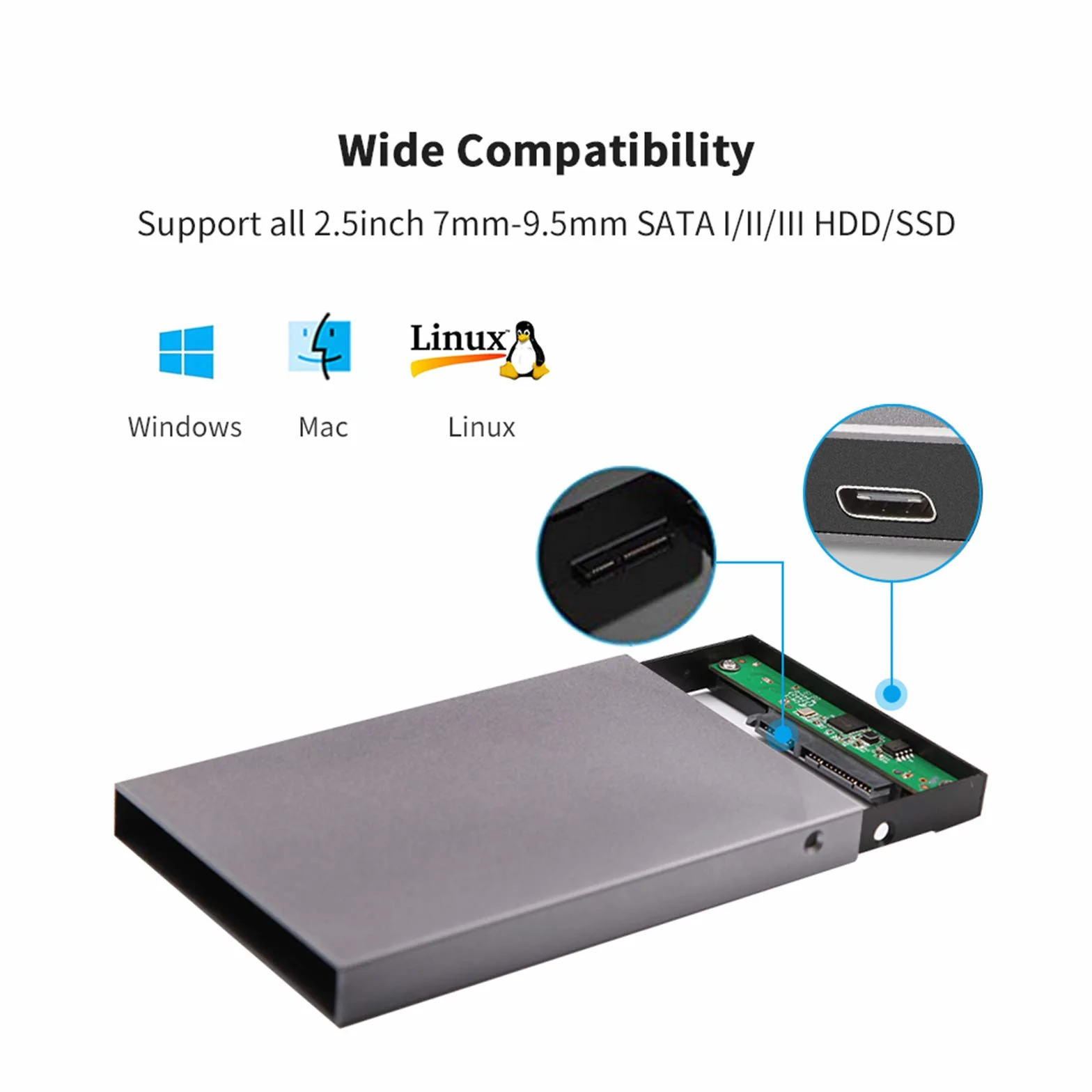 SSK Aluminiowa obudowa 2,5 cala USB-C-SATA do zewnętrznego dysku twardego 7 mm 9,5 mm SATA I II III
