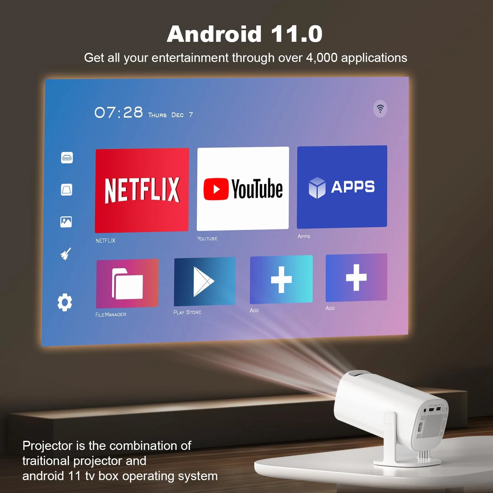 Nowa konsola do gier retro P30 z projektorem, przenośny projektor 4K HD z ponad 36 000 grami, Plug and Play, do gier wideo, inteligentny projektor z bezprzewodowymi kontrolerami 2,4 g, Android TV 11.0
