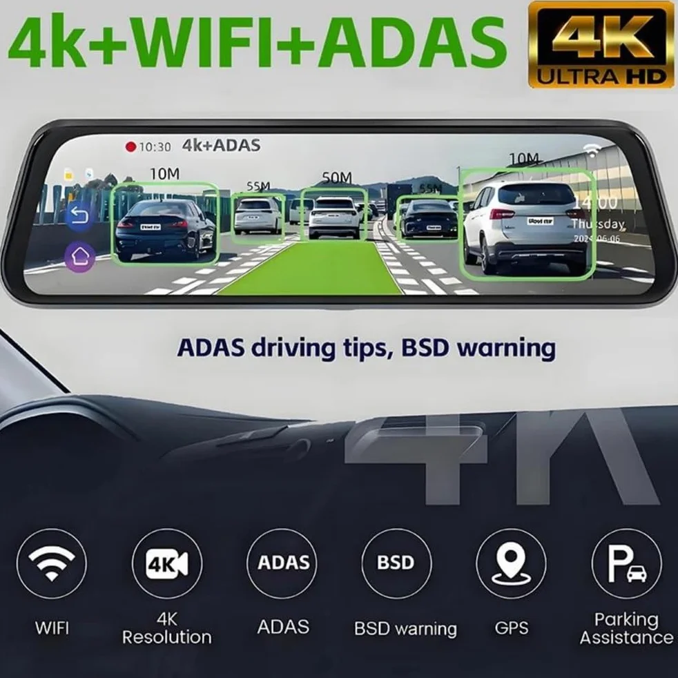 Kamera lusterkowa montaż paskowy 10 cali 4K przód 2K tył, wodoodporna kamera cofania WiFi GPS ADAS, widzenie WDR tryb parkowania nagrywanie pętli audio ukryte przewody