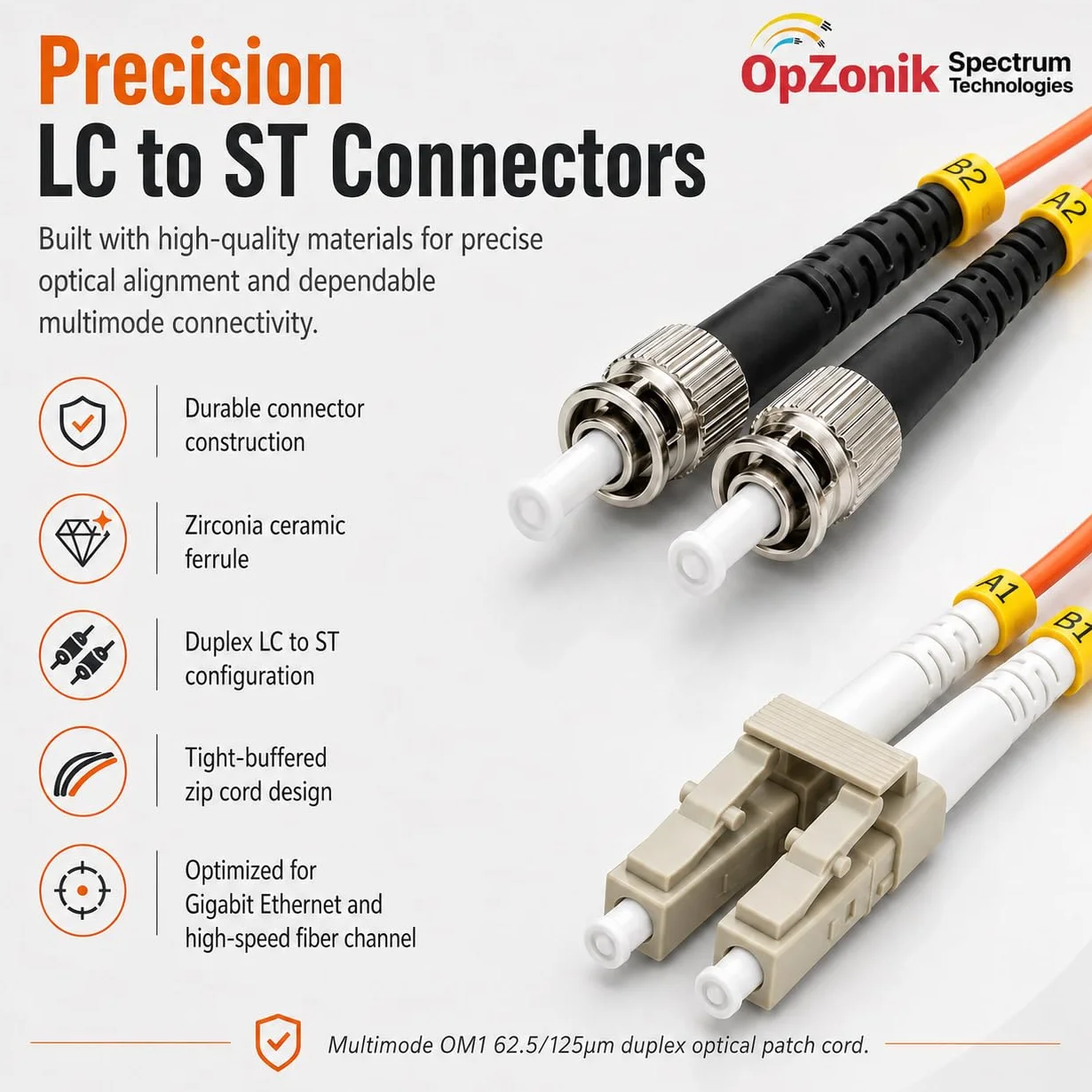 1 m LC do ST Światłowodowy kabel krosowy Multimode OM1 Duplex 62,5/125 µm optyczny kabel krosowy 1G/10G kabel światłowodowy LC-ST 1 metr (3,3 m)