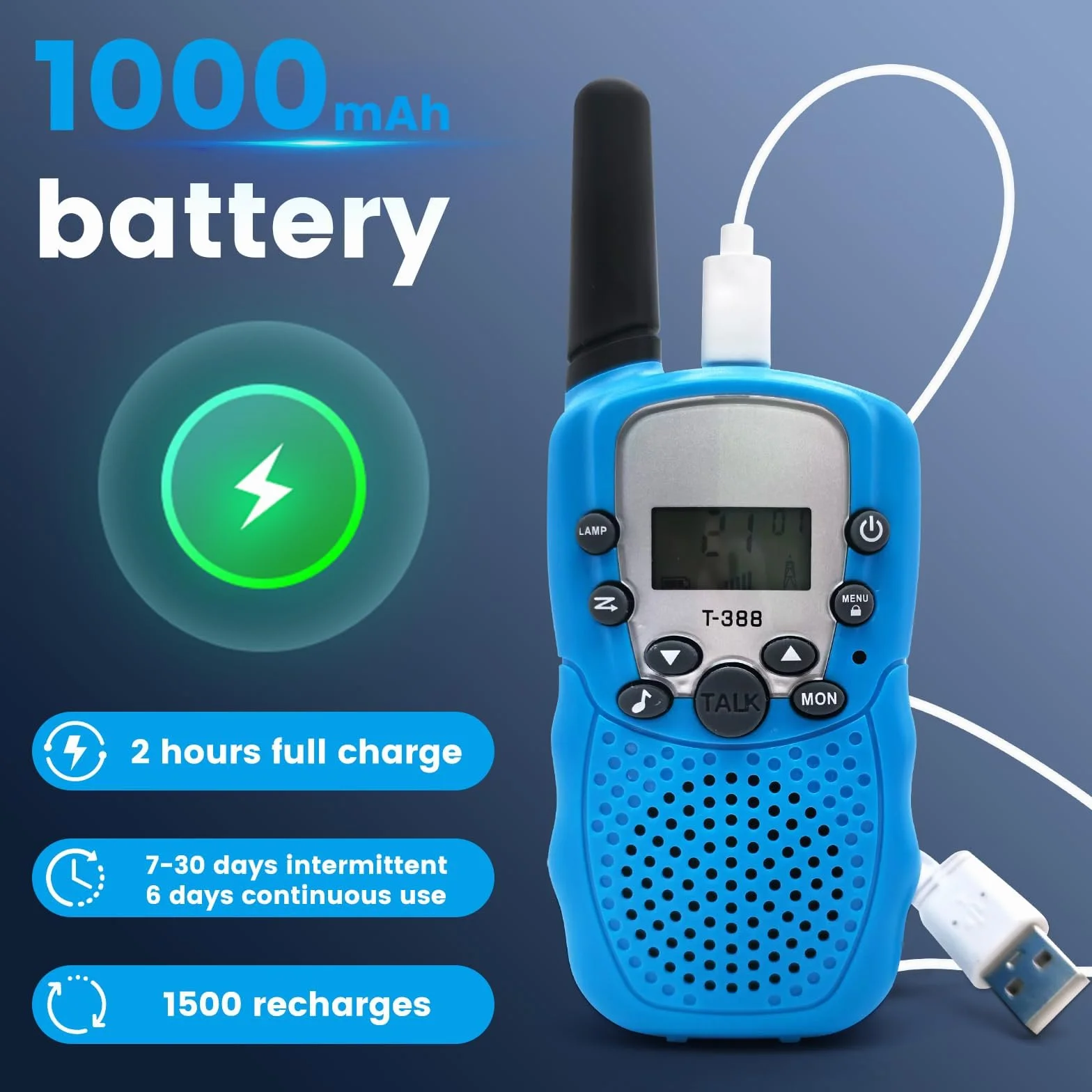 Zestaw Walkie Talkie T-388 PMR 446 dla dzieci 8 kanałów 3 km z akumulatorami żółty