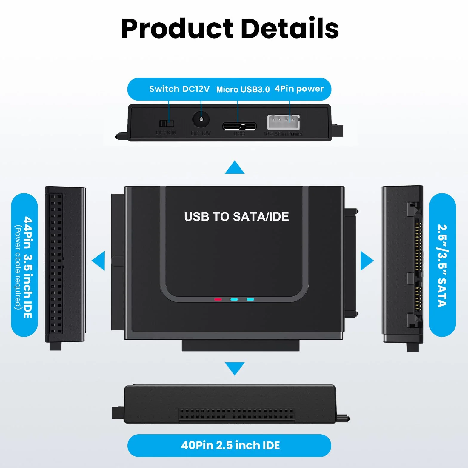 Adapter USB 3.0 na IED SATA, zewnętrzny konwerter czytnika dysku twardego SATA adapter USB do 6.3 cm 8.9 cm HDD SSD z zasilaczem 12/2A