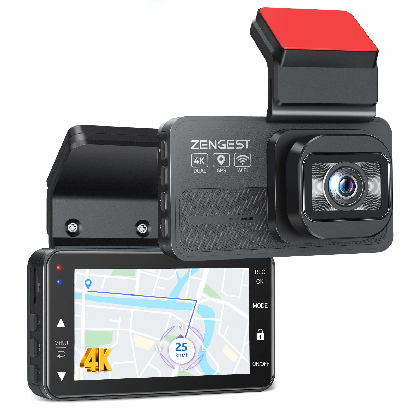 Podwójna kamera samochodowa 4K z przodu i z tyłu, Wi-Fi GPS, ekran dotykowy IPS 7.6 cm, w zestawie karta 64 GB, rejestrator jazdy samochodem z noktowizorem, szeroki kąt 170°, tryb parkowania 24H,