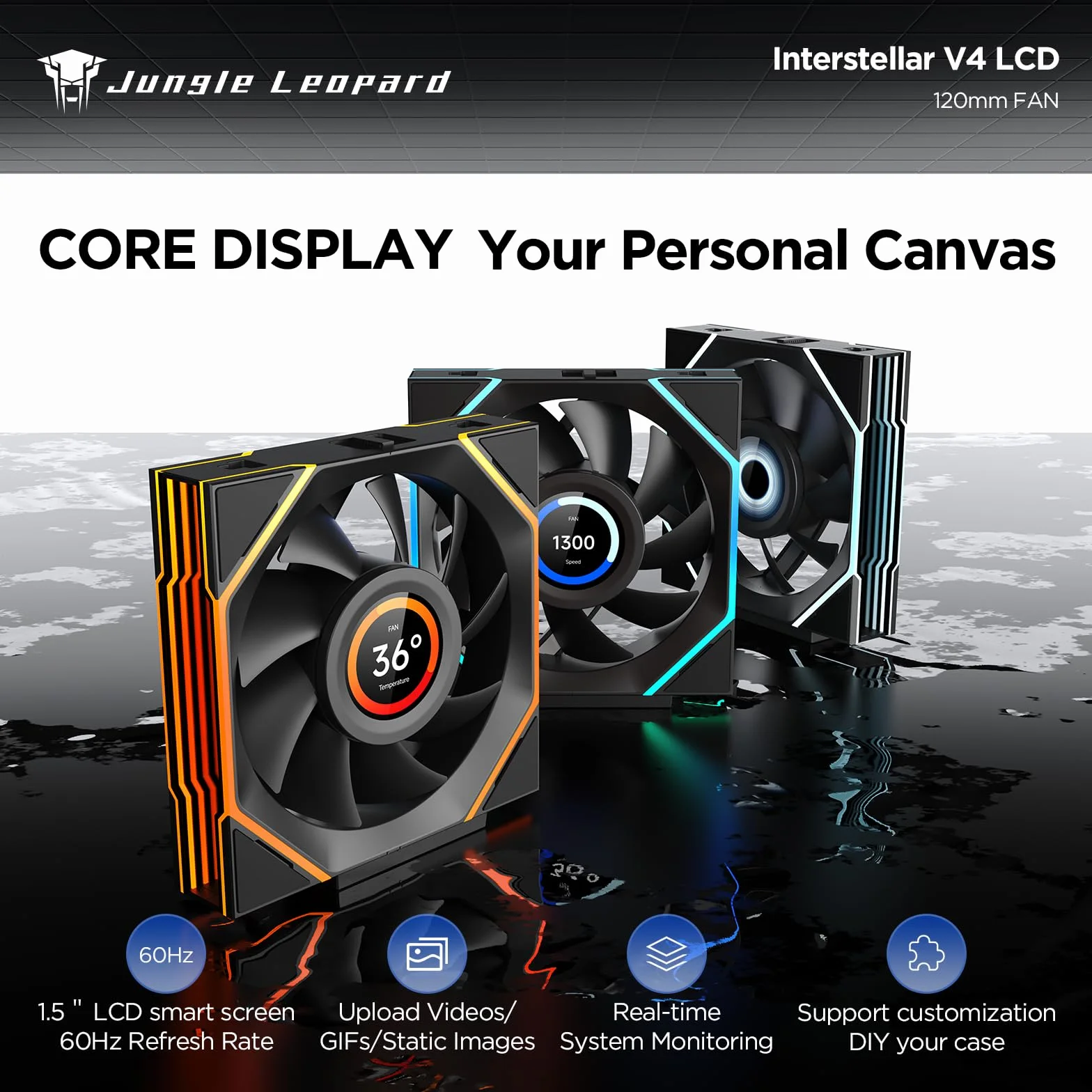 TZMRIT Interstellar-V4 LCD Daisy Chain RGB PC wentylator 120 mm, 1,5" LCD/24 diody LED/2100 RPM/61,54 CFM/28 mm (Black Revers)