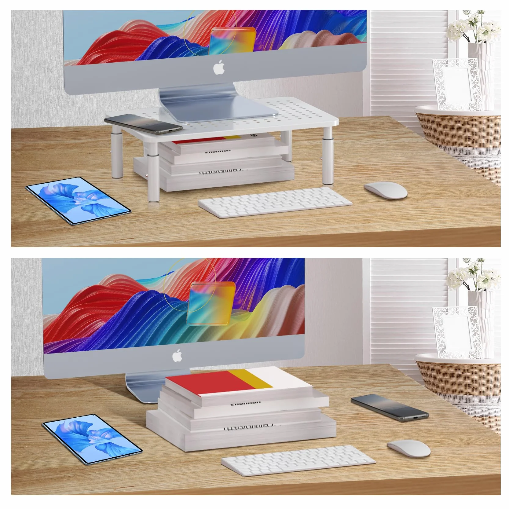 Bracwiser Stojak na monitor 3 Stojak na monitor o regulowanej wysokości z platformą z otworami na siatkę do laptopów, komputerów, PC, drukarek, projektorów do 20 kg, biały MST003W