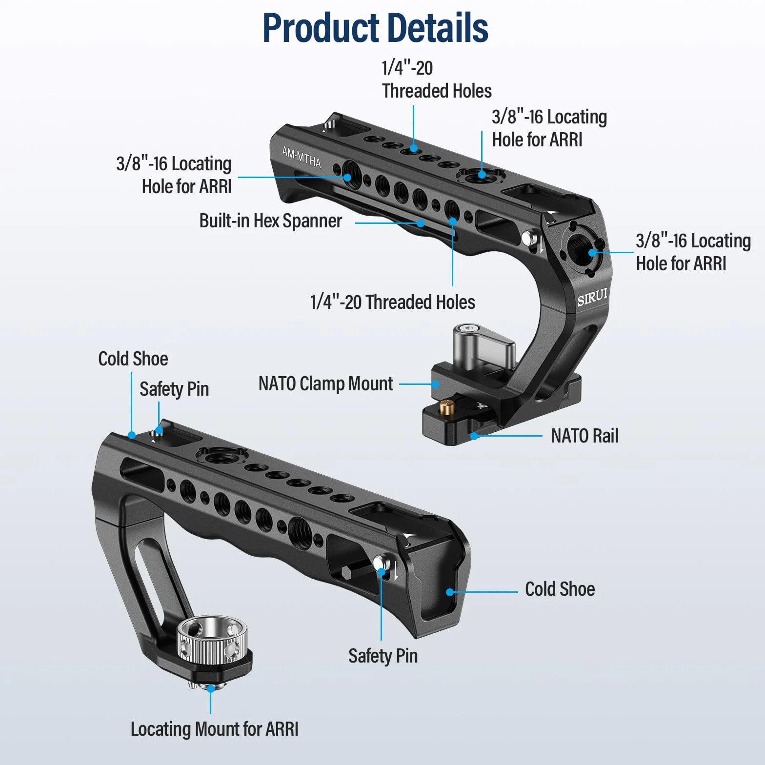 SIRUI 2 w 1 Top Handle do ARRI lub NATO Mount, w pełni aluminiowy uchwyt klatki na kamerę z Cold Shoe z trzpieniem zabezpieczającym, kilka otworów gwintowanych, AM-MTHA