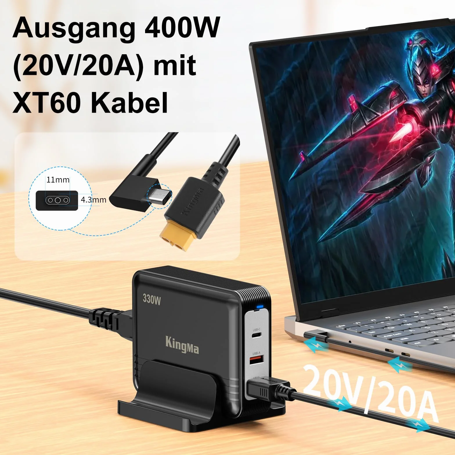 King Ma GaN ładowarką do laptopa Razer Blade 18 (2025)5080/5090, przenośna, 3-portowa ładowarka, szybkie ładowanie USB z wyjściem 20 V/20 A do gier i technicznych ładowarek do laptopa
