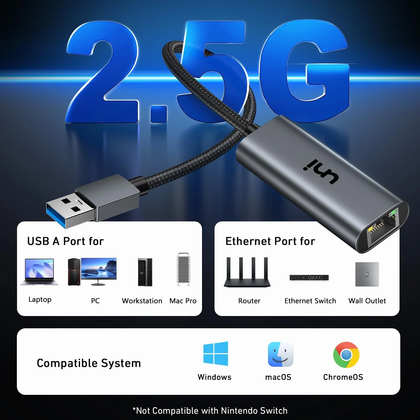 uni Adapter USB Ethernet 2,5 G, adapter Ultra Speed ​​USB 3.0 na RJ45, adapter sieciowy 2,5 Gigabit, sieć LAN 2,5 Gb/s Kompatybilny z iMac Pro, Dell XPS, Chromebook, laptopami, NAS itp.