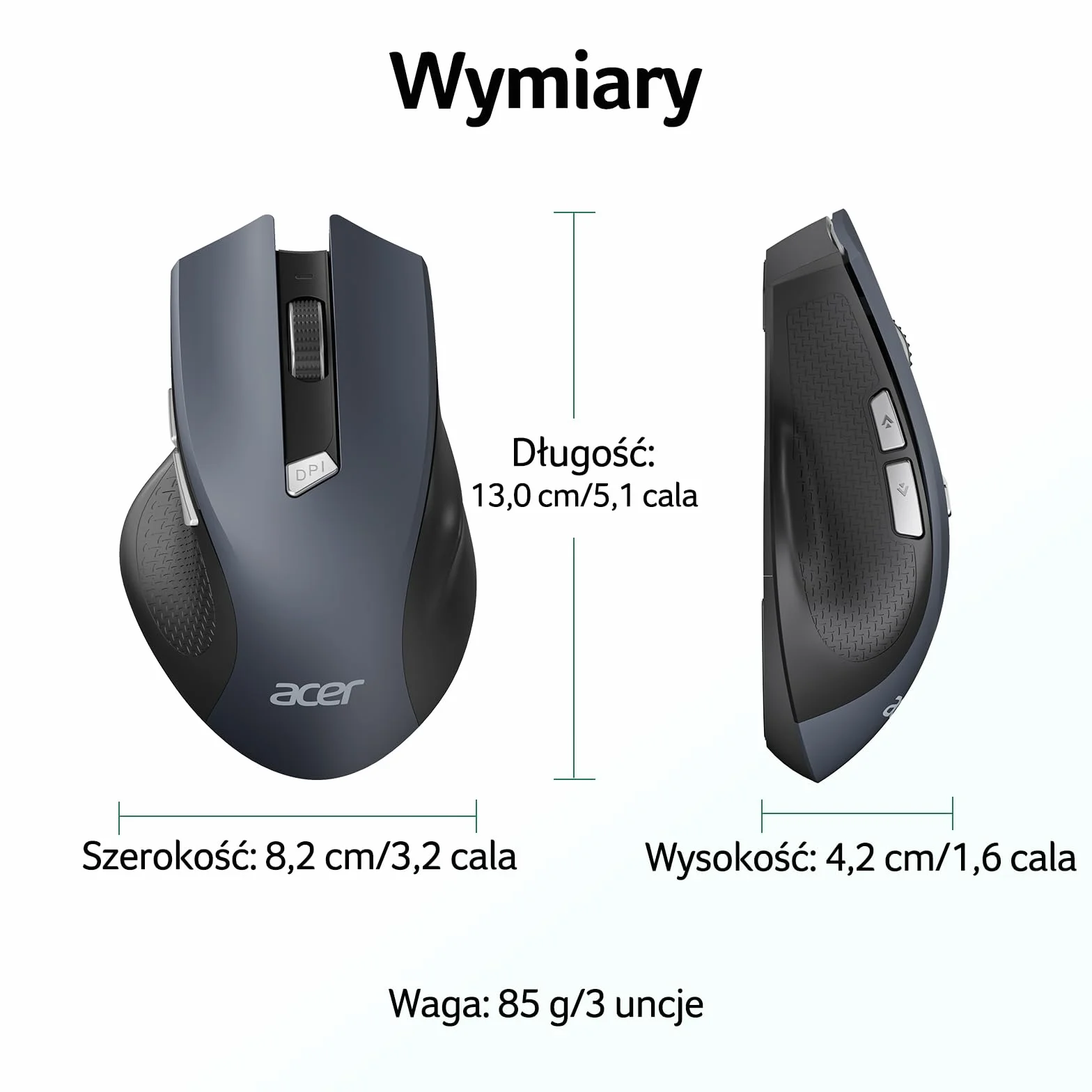 Acer Mysz Bezprzewodowa, 3 Poziomy DPI, Ergonomiczna Mysz Komputerowa 2,4 GHz z Odbiornikiem USB, 6 Przycisków, Śledzenie Optyczne, Wskaźnik Baterii, Przenośna do Laptopa, Komputera, PC, Desktop, Mac