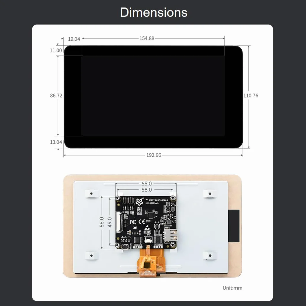 LUCKFOX DSI pojemnościowy 7-calowy ekran dotykowy z obudową do Raspberry Pi, wspiera drukowanie 3D do ekranu, rozdzielczość 800 x 480 pikseli, szeroki kąt widzenia 170°, IPS do Core3566