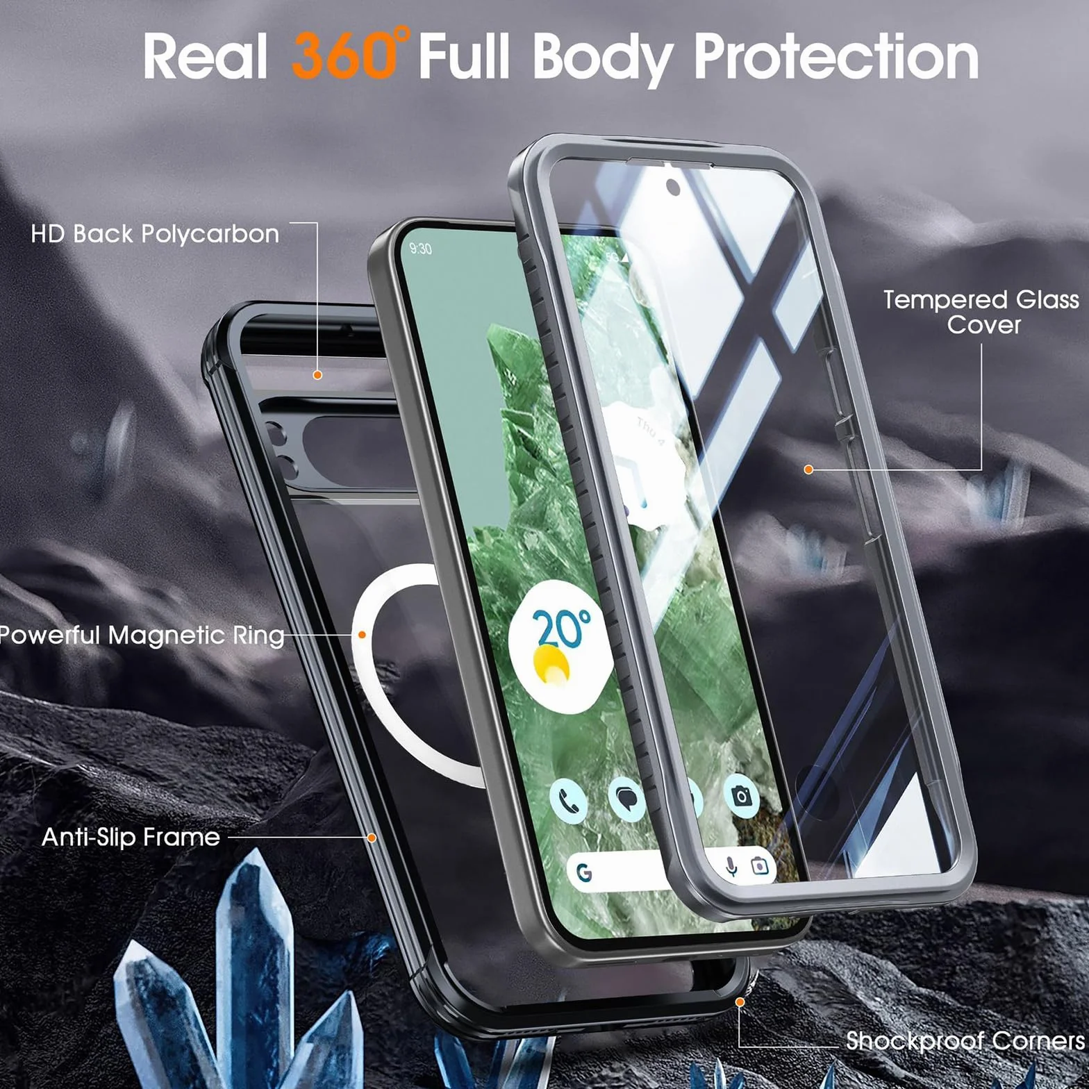 Etui magnetyczne do Google Pixel 9 Pro/9 Pro XL/9, przezroczyste etui chroniące całą obudowę telefonu komórkowego z ochroną ekranu ze szkła hartowanego, zielone, 9