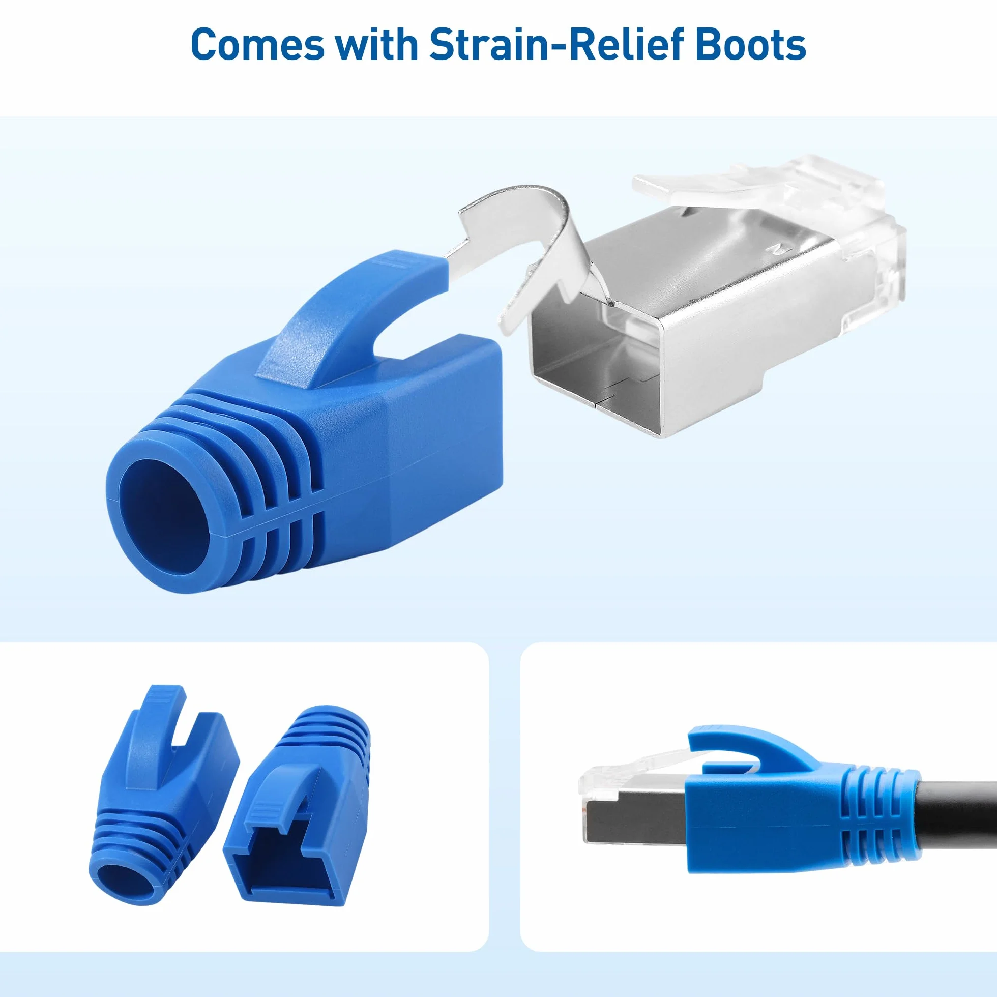 Cable Matters 20 sztuk ekranowanych złączy RJ45 Cat8 23-24AWG, z listwą obciążeniową i butami odciążającymi, złączem Cat8 RJ45 / złączem sieciowym Cat 8, nie jest kompatybilne z kablem 22AWG