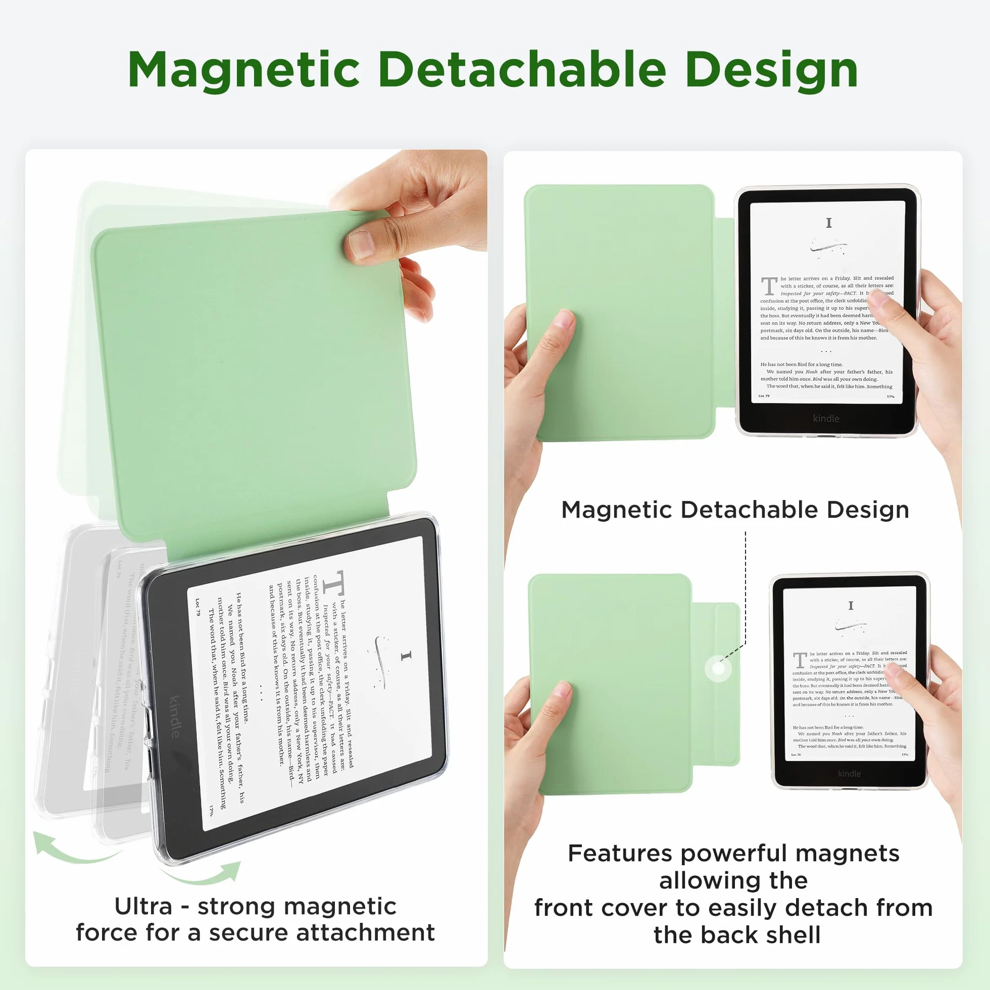SESENSE Odłączane magnetyczne etui do Kindle 6'' 2024 i 2022 (11 generacji), smukłe etui z PU Shell Cover z automatycznym budzeniem/uśpieniem, zielony matcha
