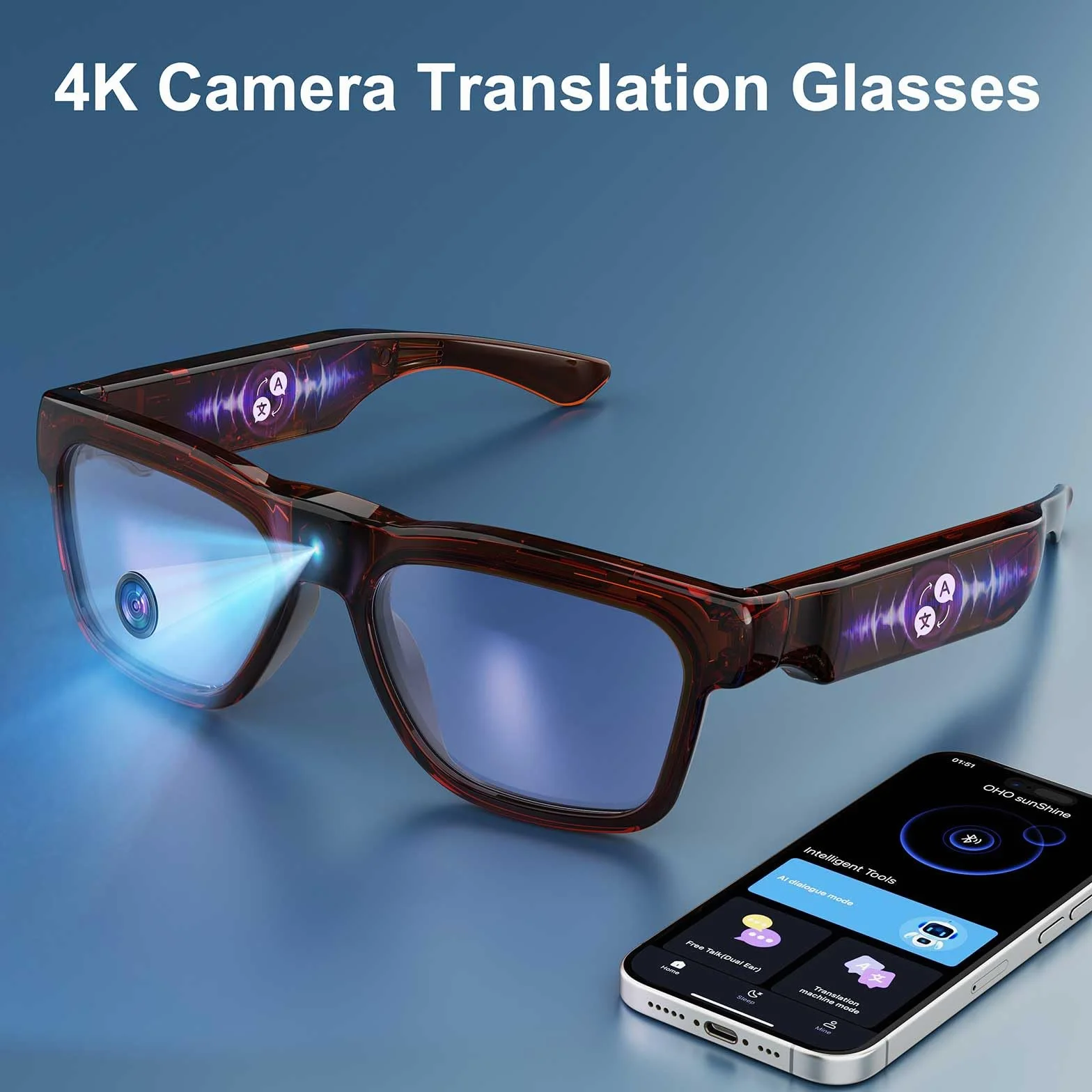 OhO sunshine Inteligentne okulary Bluetooth z nagrywaniem kamery 4K i pamięcią tłumaczenia w czasie rzeczywistym