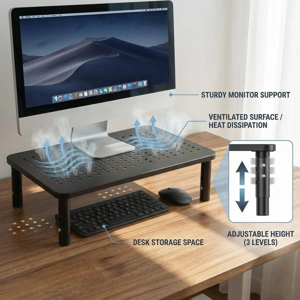 Ergonomiczny monitor z regulacją wysokości, platforma siatkowa, uchwyt na ekran, nośność 20 kg