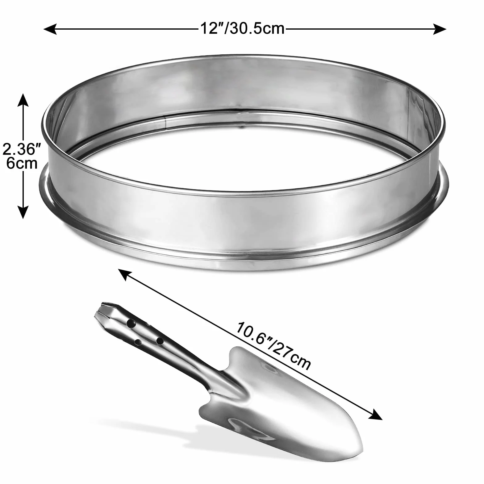 johgee Sitko ogrodowe 3 w 1 ze stali nierdzewnej, sita Ø 3,6,9 mm, łopatka 26 cm