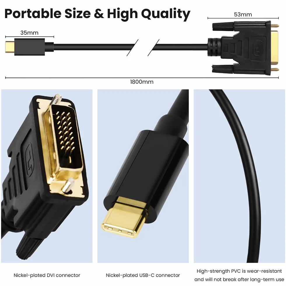 AXFEE Kabel USB-C na DVI, 1,8 m, kabel USB typu C na DVI, wtyczka USB-C na gniazdo DVI, konwerter kablowy do monitora, telewizora, projektora, kompatybilny z iPhone 15 Pro/Max, MacBook Pro/Air iMac