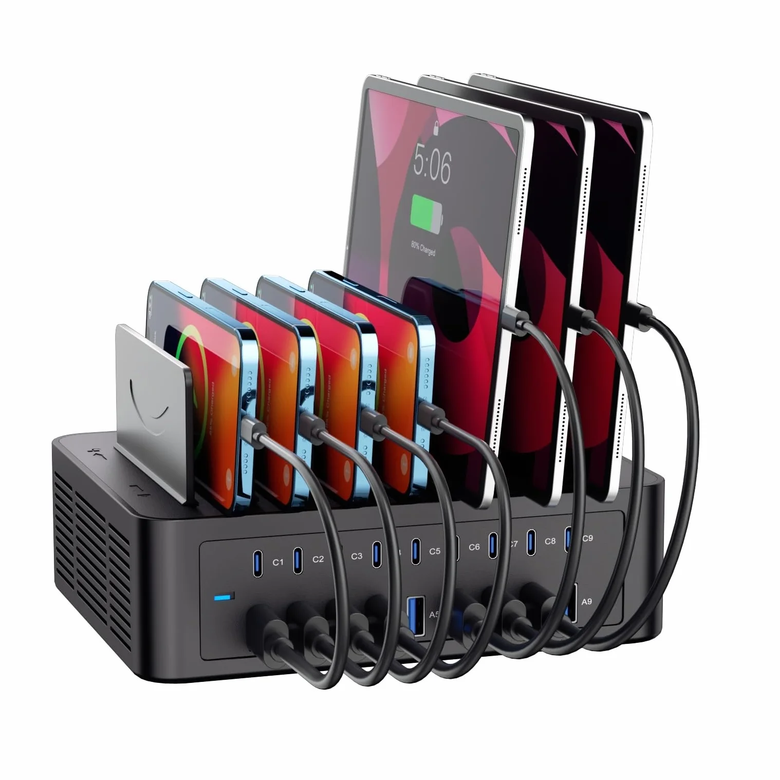 Stacja ładująca 150 W/35 A do wielu urządzeń, 16-portowa stacja ładująca USB C z regulowanymi przegrodami – organizer stacja ładująca do smartfona, iPada, Kindle, tabletu i innych urządzeń