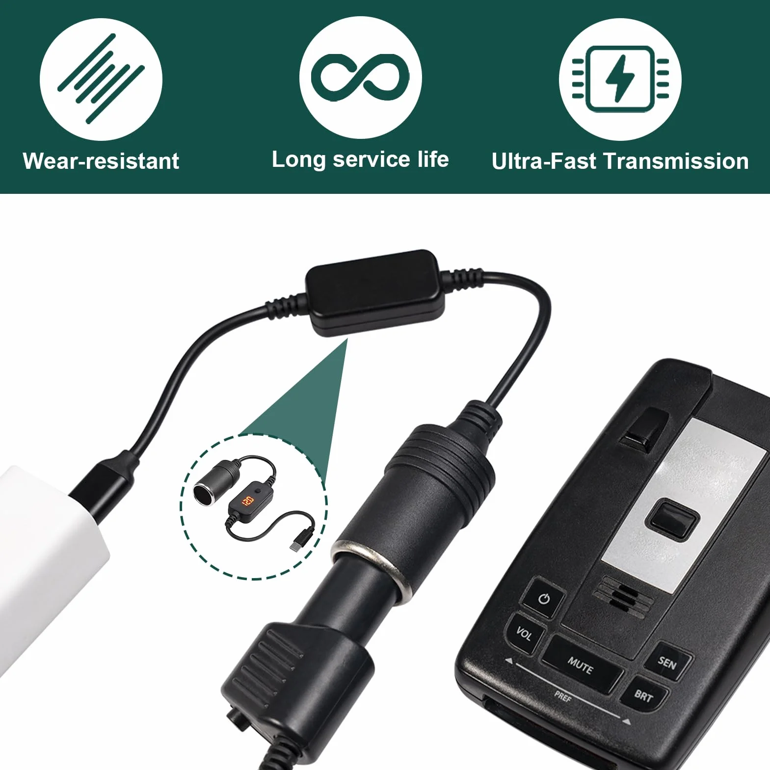Adapter USB C na zapalniczkę, kabel USB C męski do zapalniczki samochodowej 12 V z wyświetlaczem LED i przełącznikiem, regulowane napięcie 5V, 9V, 12 V, 15 V, 20 V, do GPS, kamery, ładowarki