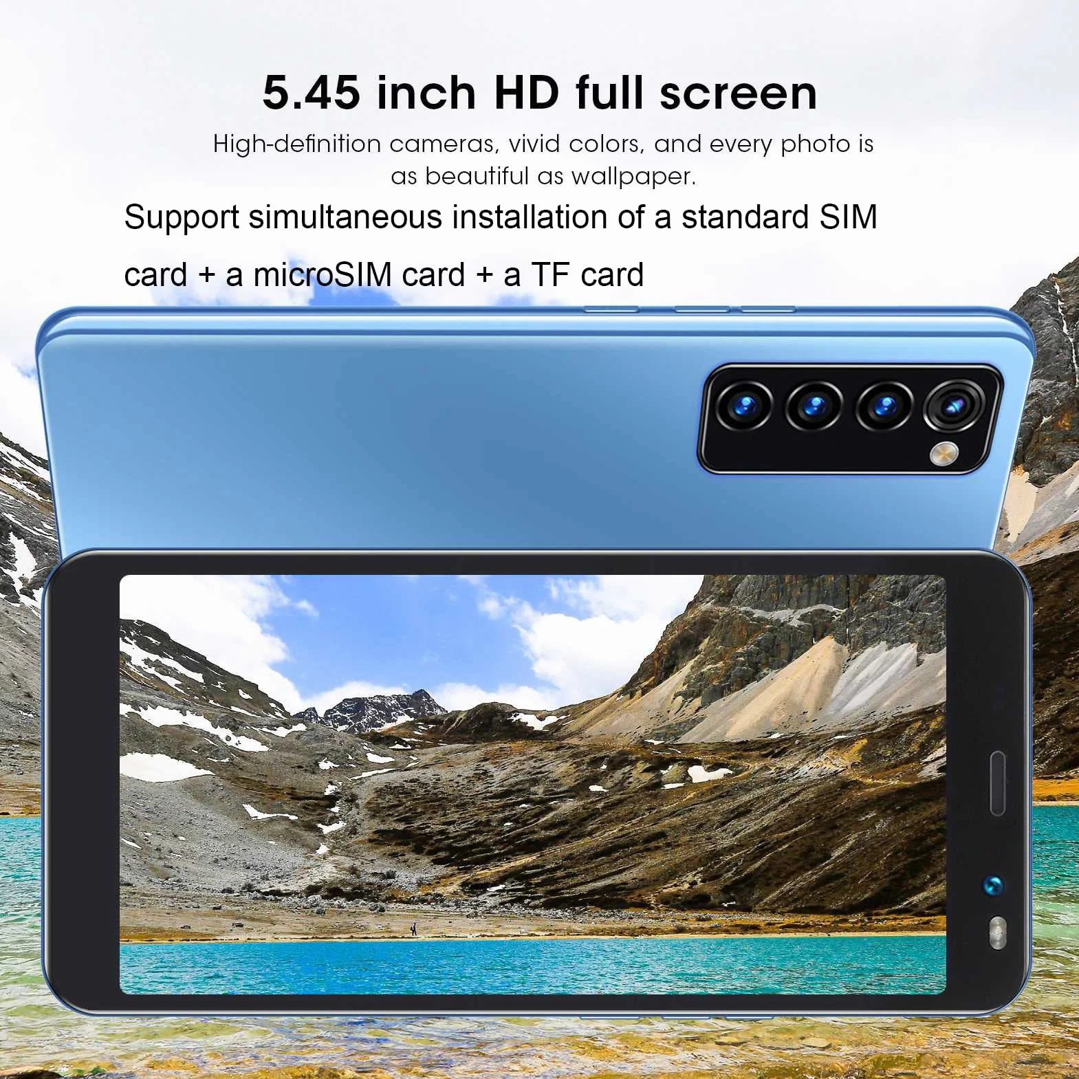 Rino4 Pro Smartfon, 5,45-calowy Pełnoekranowy HD MTK6572 Dwurdzeniowy Procesor Face Unlock, Wi-Fi, BT, FM Podwójne Karty Smartfon Z Podwójnym Trybem Gotowości Dla Androida 4.4.2(Niebieski)