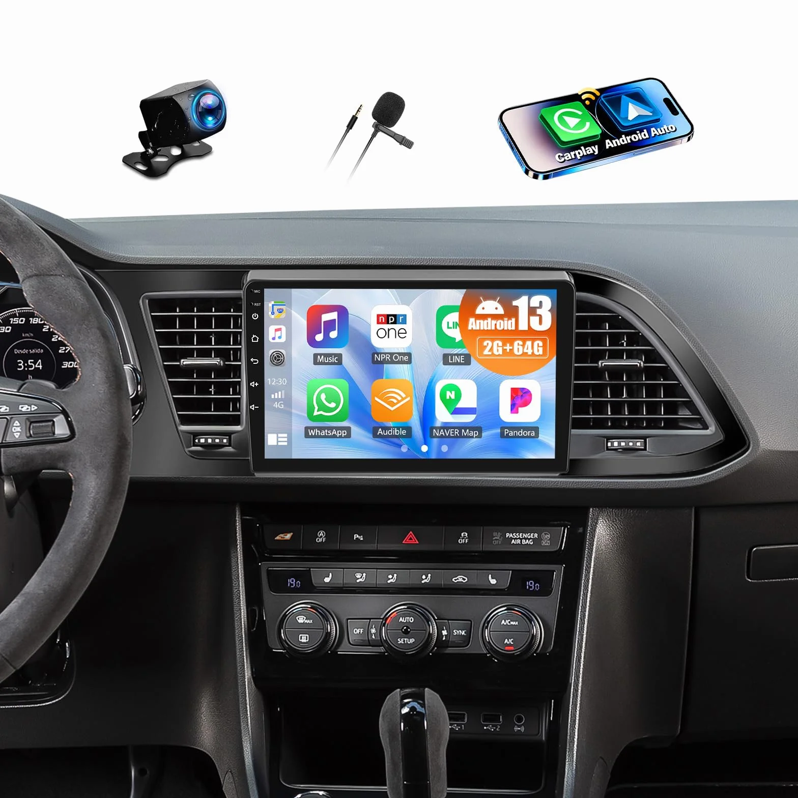 CAMECHO Radio samochodowe 2+64G 9 cali do Seat Leon 2015-2018, Android 13 z kamerą cofania, GPS, Wi-Fi, bezprzewodową funkcją CarPlay, Bluetooth HD Radio z systemem Android, FM, RDS