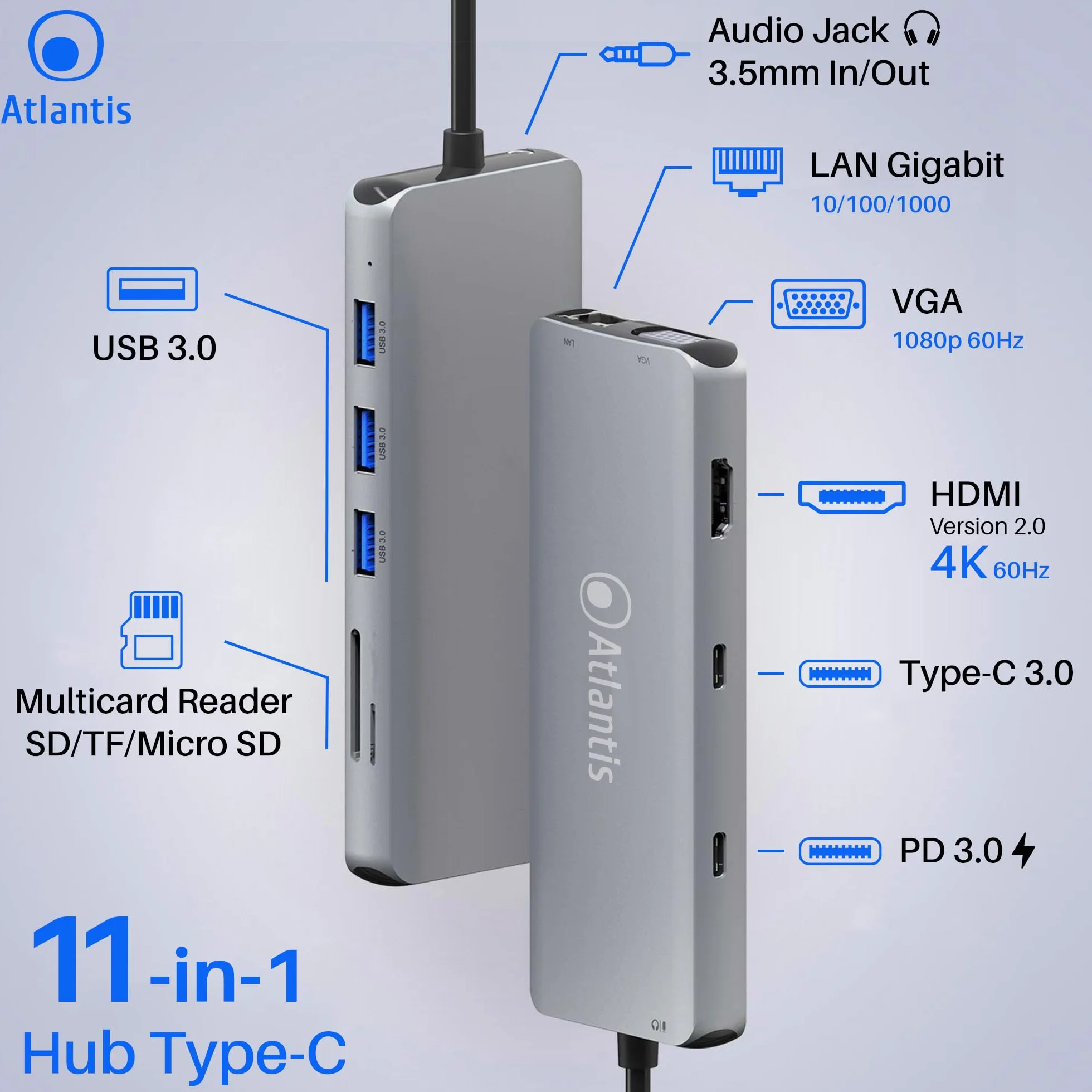 ATLANTIS A04-TC_DK46 Docking Station USB C (Type C) do HDMI 4K, VGA, Ethernet RJ45 Gigabit, 3 USB 3.0, 1 USB C, 1 PD-85W, 1 Audio IN/OUT 3.5mm, czytnik kart. Kabel 18 cm. Kompatybilny ze wszystkimi