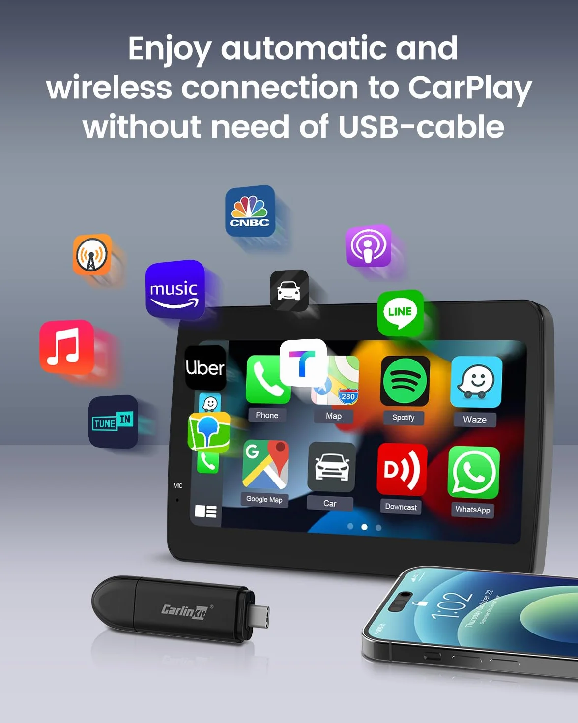 Carlinkit draadloze CarPlay-adapter, voor auto's met ingebouwde Car Play, voor VW Audi Volvo Renault Opel Citroen Toyota Peugeot KIA Hyundai (Modeljaar: 2016 tot 2025), Ondersteuning IOS11 + en firmwa