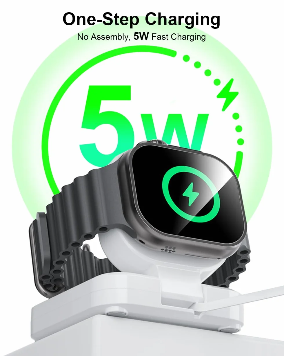 Magnetyczna stacja ładująca Apple Watch, 5 W, bezprzewodowa, szybka ładowarka iWatch z kablem USB C, tryb nocny, do Apple Watch Ultra 2/10/9/8/7/6/SE/SE2/5/4/3/2, przenośny, podróżny, chowany, biały