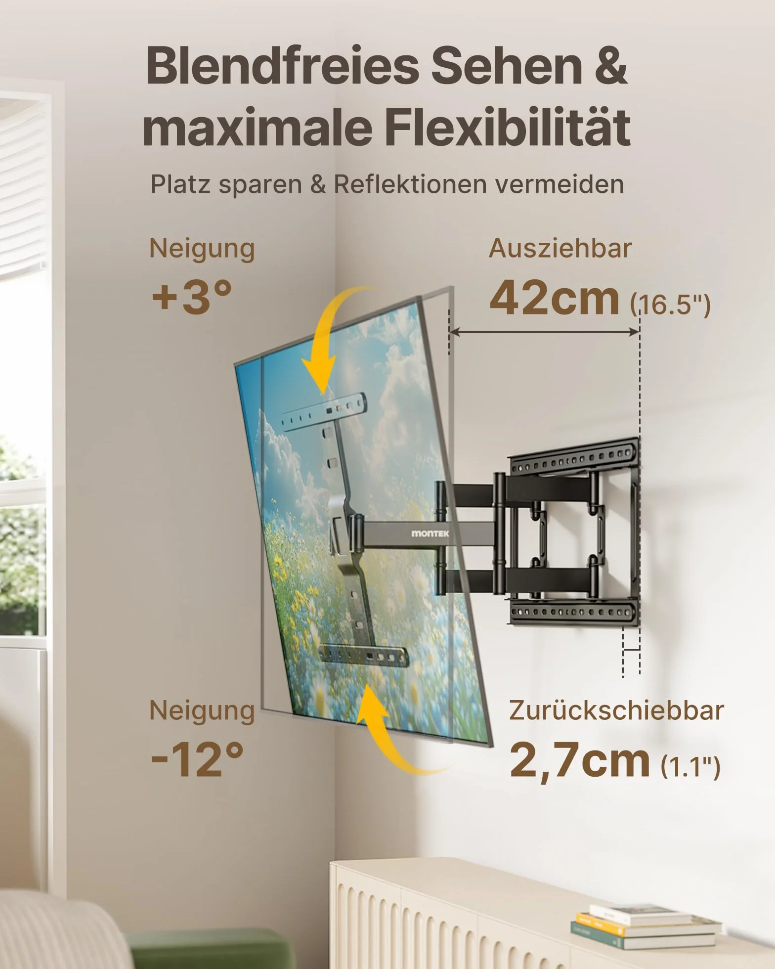 monTEK 1,1" Ultra Slim uchwyt ścienny do telewizorów 37-75" do 60 kg | Uchwyt TV wychylny, pochylany i wysuwany, niski profil, w pełni ruchomy, 4-krotny udźwig, maks. VESA 400 x 400 mm