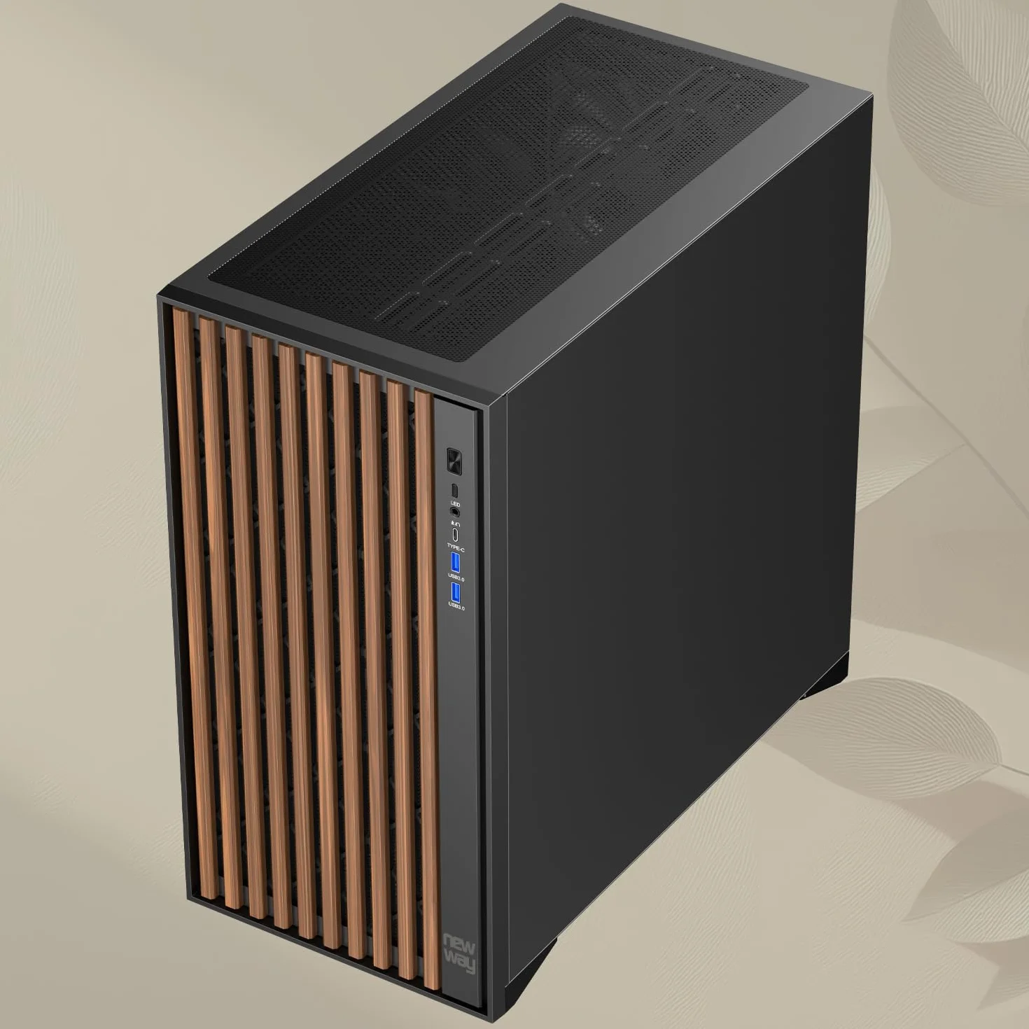 NEWWAY - 2024 Nowość - Obudowa komputera NW1 drewniana przednia - Medium Tour Kompatybilny z ATX/Micro-ATX/ITX - Typ C USB - Wentylatory w zestawie 3x140MM - Panel boczny Szkło hartowane