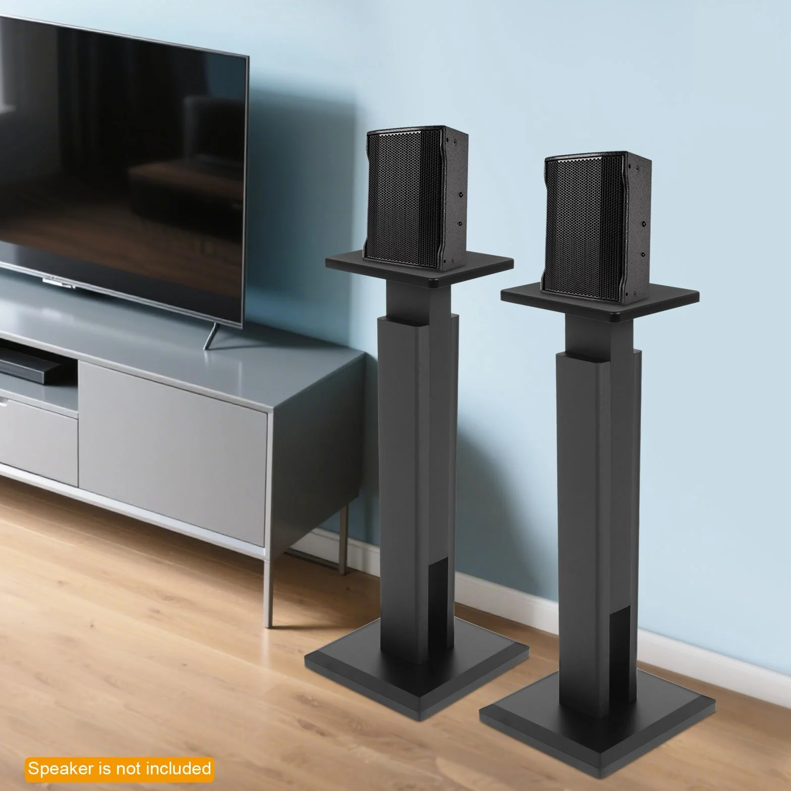 2 nóżki do głośników, regulowane, 65 – 85 cm, uchwyt na głośnik, płyta MDF, platerowanie premium, 30 kg, rozszerzona podstawa do kina domowego, barów, pomieszczeń prywatnych, hoteli, (czarne)