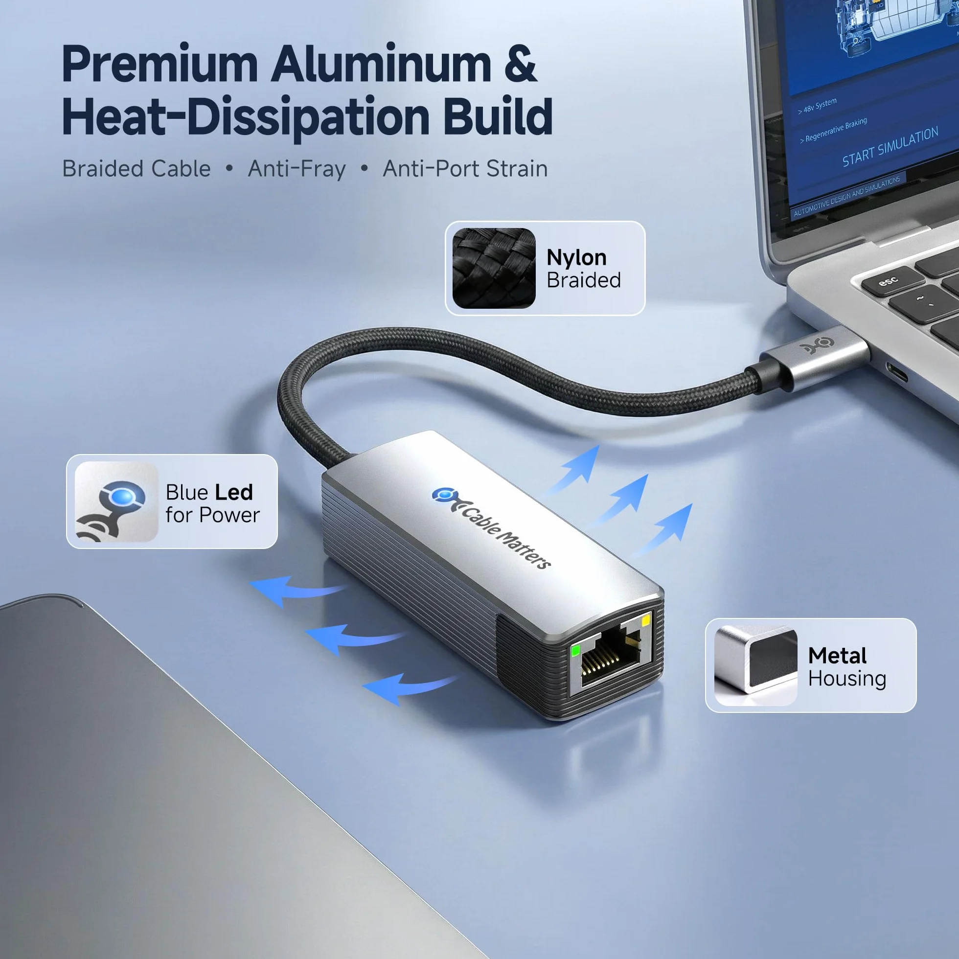Cable Matters Adapter USB-C do Ethernet 10 Gb, Cichy i Niskotemperaturowy | Rzeczywista prędkość ok. 7 Gbps w Windows i 5 Gbps w macOS, zgodny z USB4 i Thunderbolt 5/4/3