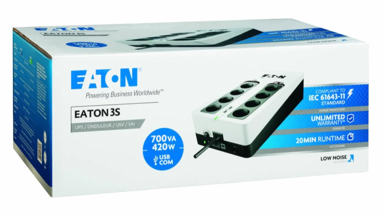 Eaton 3S 700 IEC - 3S700I - zasilacz bezprzerwowy (UPV) - 700 VA z ochroną przed przepięciem (8 wyjść IEC, ochrona przed przepięciem, 2 porty ładowania USB typu A) - biały i czarny