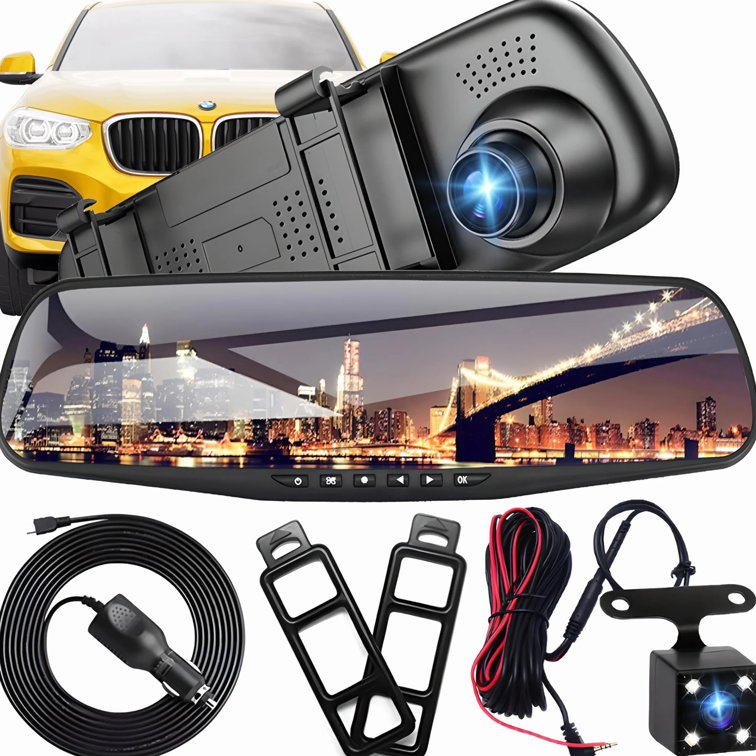 Retoo Kamera samochodowa Full HD z kamerą cofania z noktowizorem z tyłu i dolną pętlą o przekątnej 4,3", 170° z przodu / 120° z tyłu, podwójna kamera samochodowa 1080p