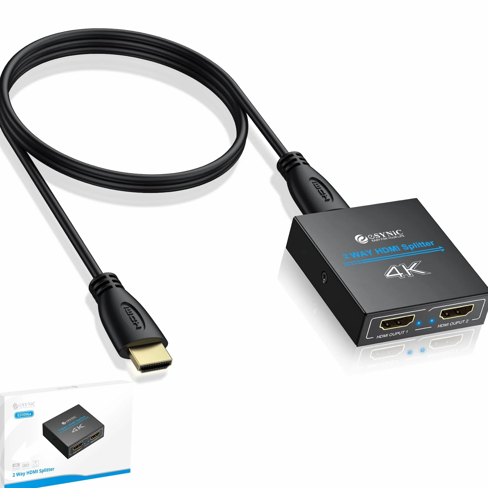 eSynic Rozdzielacz HDMI 1x2, rozdzielacz HDMI 4K 1 w 2 wyjścia HDMI adapter wzmacniacza aluminium wersja 1.4 HDCP z zasilaczem obsługuje 3D 4K 30HZ Full HD1080P do PC PS3 PS4 odtwarzacz Blu-ray HDTV