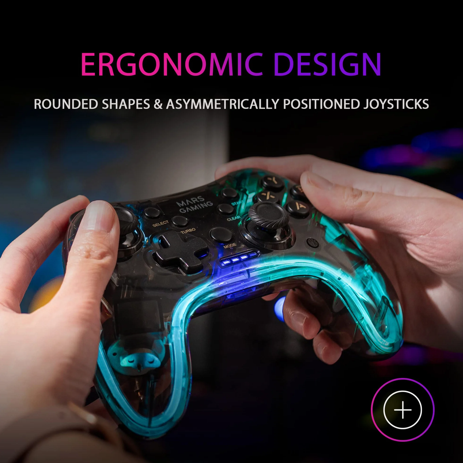 Mars Gaming MGP-24, Bezprzewodowy Gamepad 2.4GPRO, Neon RGB, Dual Wibracje Haptyczne, Joysticki Analogowe, Kontroler do PC, PS3, PS4, X360, Raspberry Pi, Mac, Android