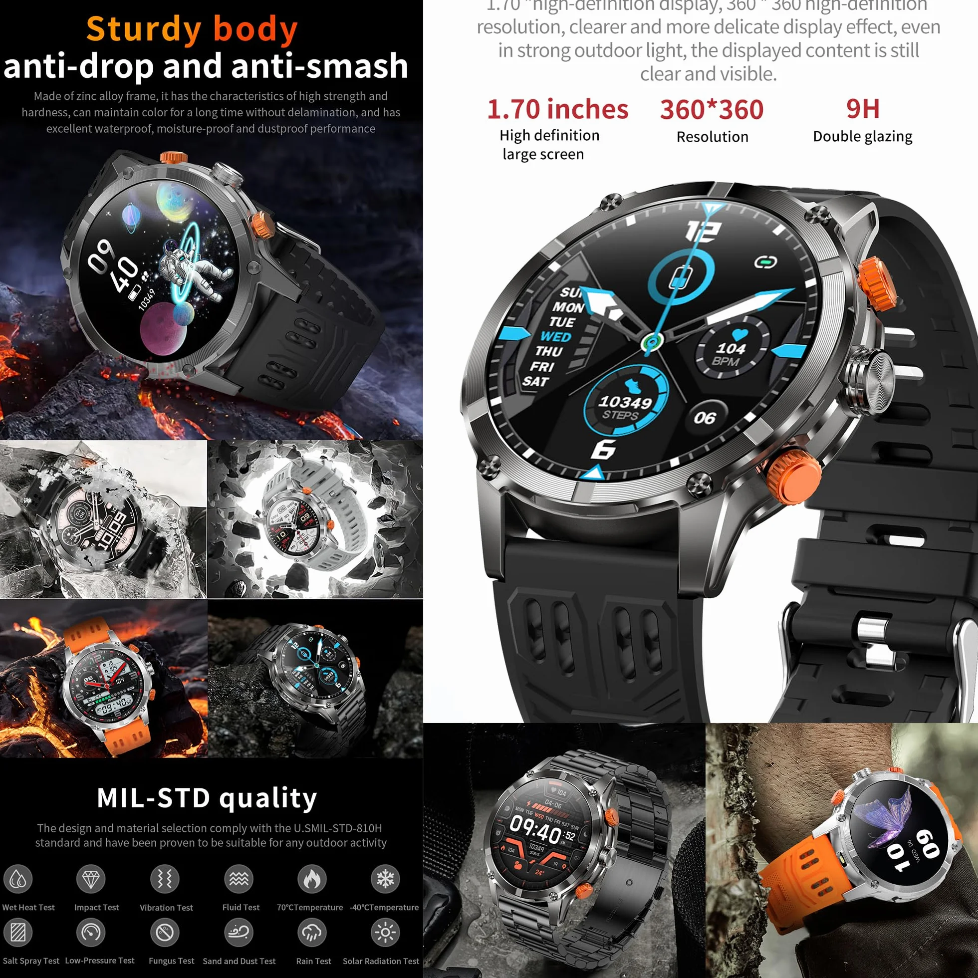 Smartwatche Mężczyzna z Funkcje Telefonu Bluetooth, Bateria 530 mAh, Sportowy Smartwatch 1,7" AMOLED ze 110+ trybami Sportowymi, Pomiarem Tętna, SpO2, Wodoodpornością dla Android iOS (srebrny)
