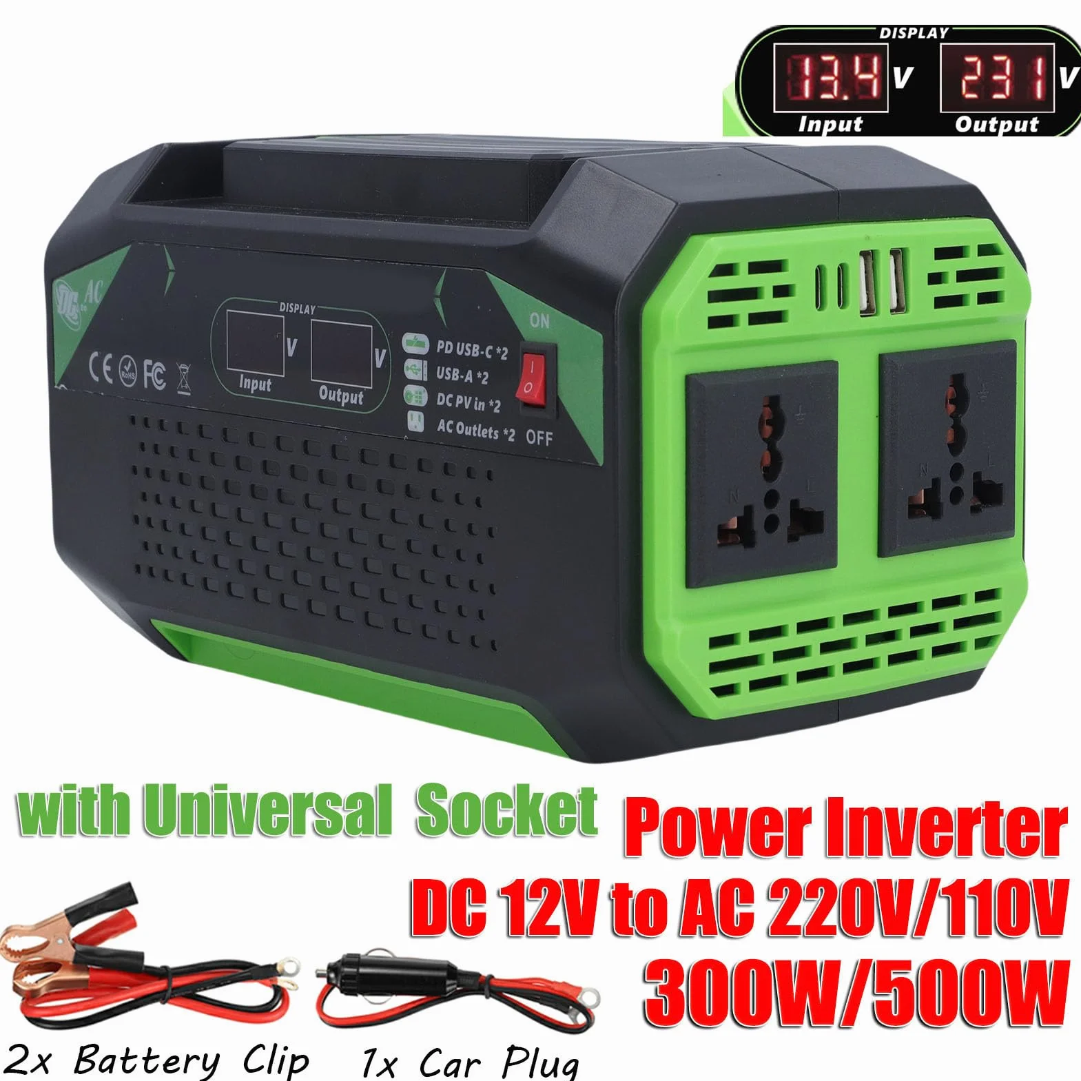 Drfeify Inwerter Samochodowy, Konwerter Zasilania Pojazdu z falą sinusoidalną modyfikowaną ABS 12 V na 220 V 500 W z Wyświetlaczem LCD, 2 Gniazda 2 Porty USB Szybkie Porty ładowania do Podróżowania na