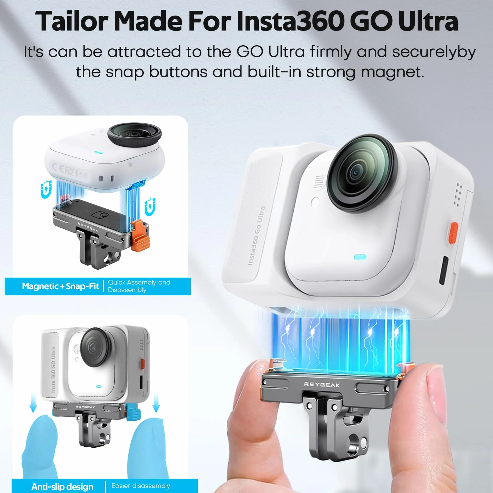 REYGEAK Aluminiowy uchwyt szybkomocujący do insta360 GO Ultra, aluminium CNC rzeźbione magnetyczne mocowanie adaptera ze śrubami 1/4 cala