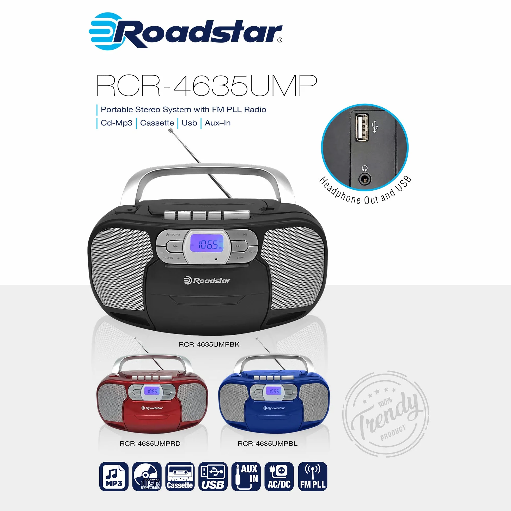 Roadstar RCR-4635UMP/RD Przenośny radio CD Kaseta, Radio cyfrowe PLL FM, Boombox Odtwarzacz CD-MP3, USB, AUX-IN, Wyjście słuchawkowe, Czerwony