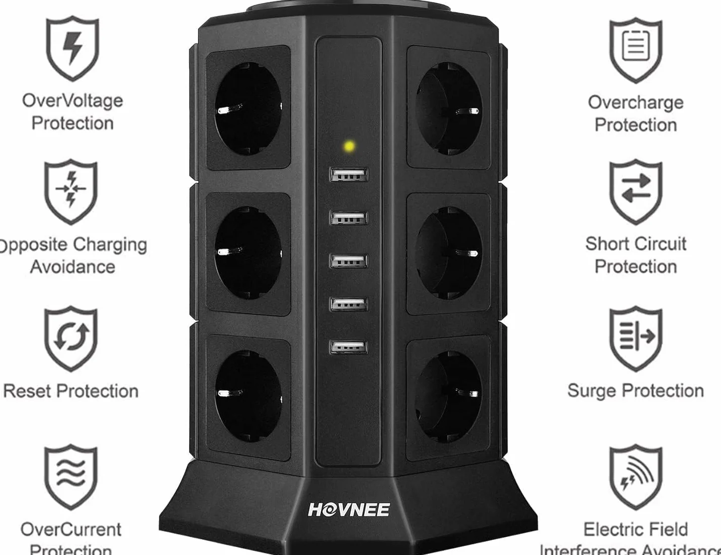 HOVNEE wielogniazdowa listwa zasilająca, 12 gniazd 2500 W/10 A z 5 portami ładowania USB i kablem 5 V/4,5 A o długości 2,0 m, ochroną przed przepięciem i zwarciem, czarna