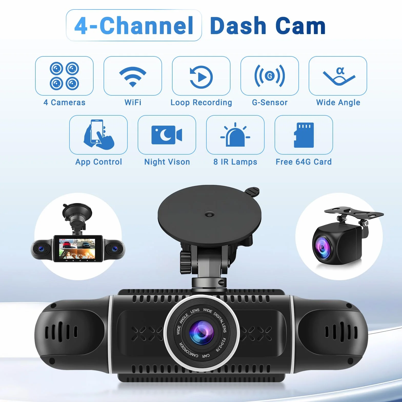 Kamera samochodowa z przodu 2K, wyświetlacz IPS 3" i 5G WiFi i karta 64 GB, obracana o 360°, kamera samochodowa z noktowizorem WDR, czujnik G, aplikacja Control, nagrywanie w pętli, szeroki kąt