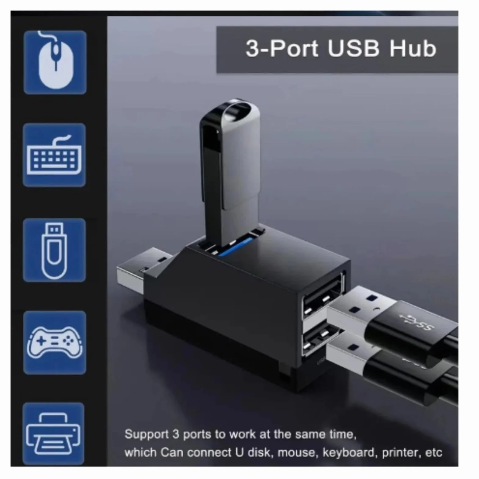 Hub USB 3.0 1-3 porty do mini rozdzielacza do laptopa, szybki adapter ekspander do PC (czarny)