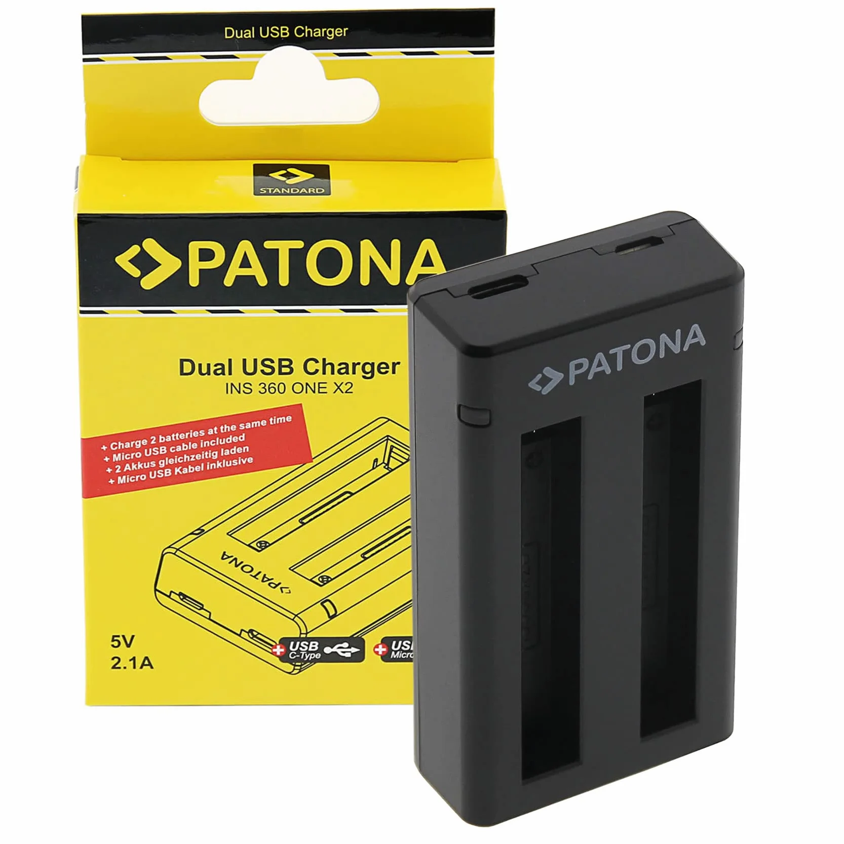 PATONA (1457) ładowarka do akumulatora IS360X2B (2x 750mA) kompatybilna z kamerą Insta 360 One X2 360° – USB Dual (z wejściem USB-c i mikro USB)