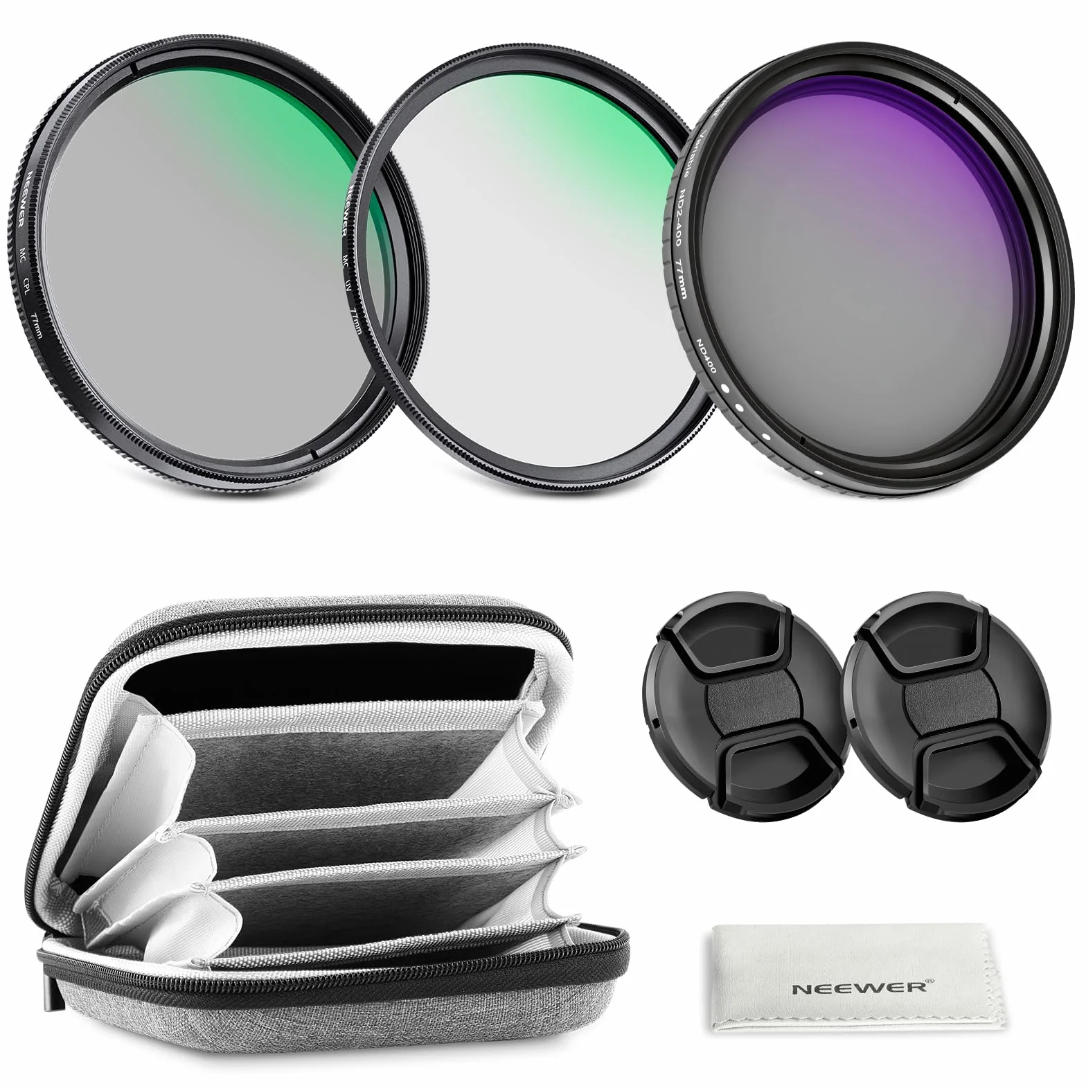 NEEWER 77 mm zmienny ND + CPL + filtr UV, zestaw 3 sztuk, wielokrotnie ulepszony filtr szary (ND2-400), okrągły filtr polaryzacyjny do aparatu, obiektyw polaryzacyjny, akcesoria fotograficzne z torbą