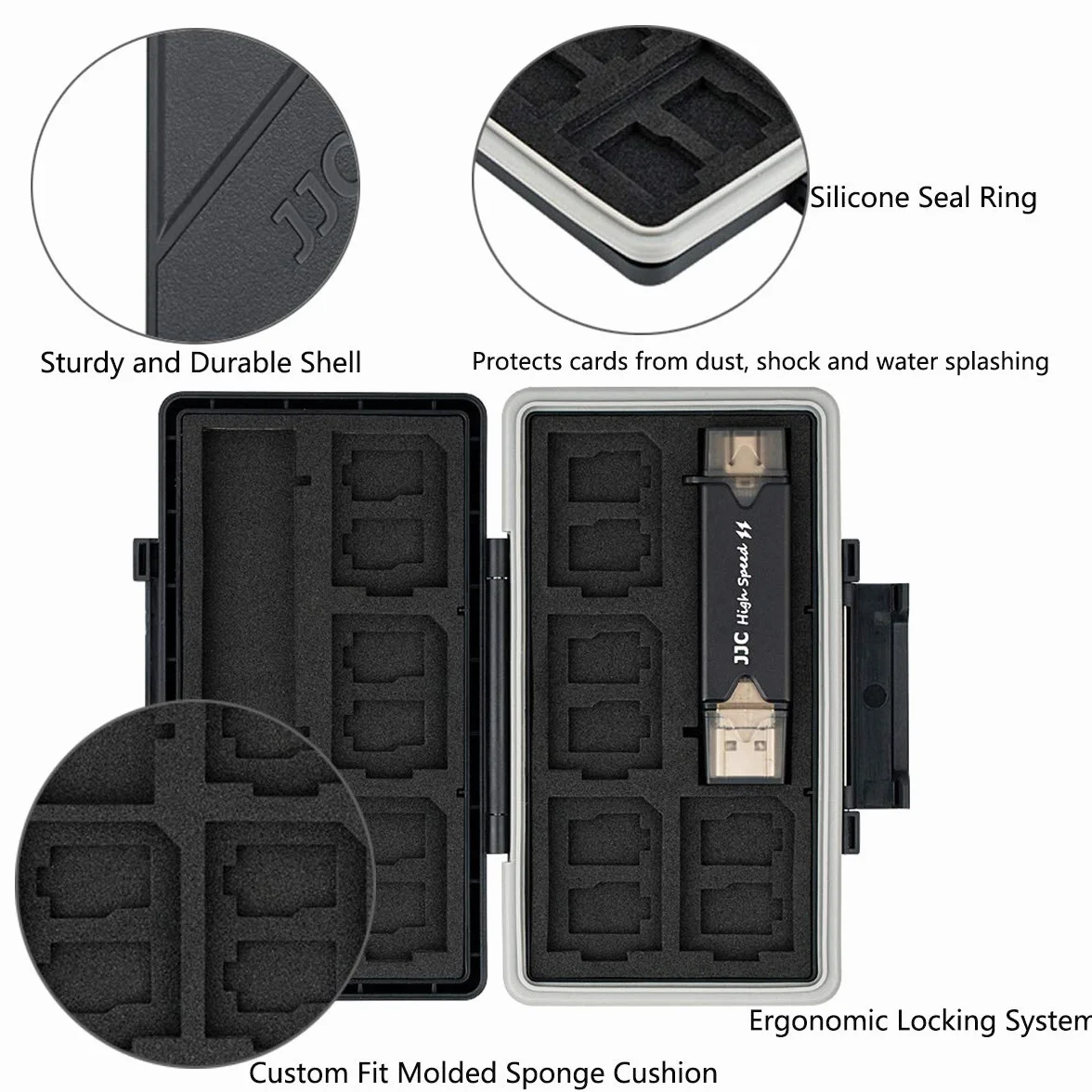 JJC Wodoodporne Etui Na Karty Pamięci Z 25 Gniazdami, Czytnikiem USB 3.0 Do 16 Micro SD/SDXC/SDHC + 8 SD/SDXC/SDHC - Antywstrząsowe, Przenośne