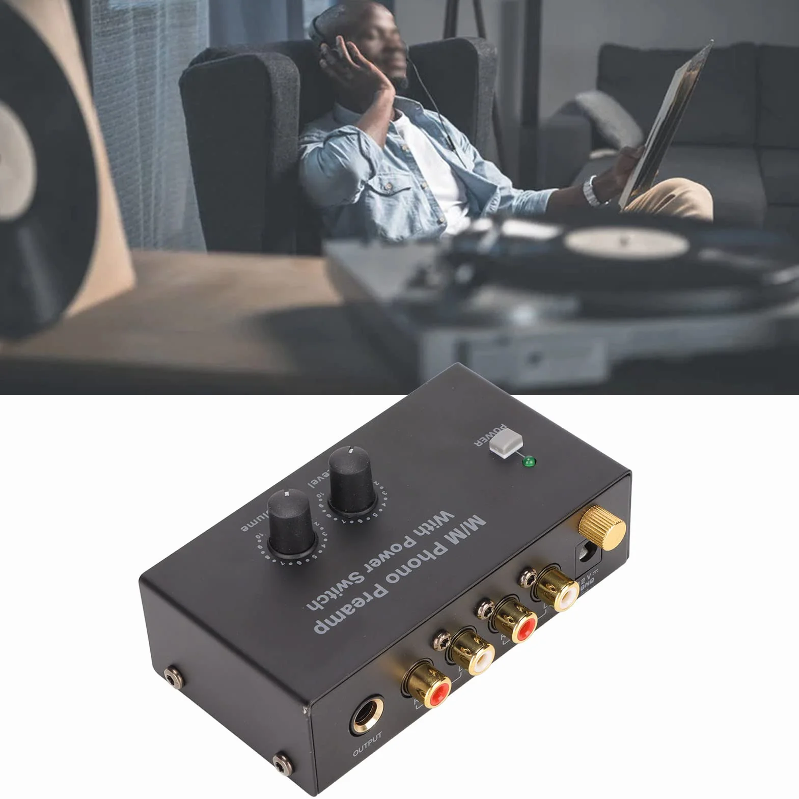 Przedwzmacniacz gramofonowy z zasilaczem DC 12V z wejściem stereo Rca i wyjściem Rca, redukujący niepożądane szumy i zakłócenia