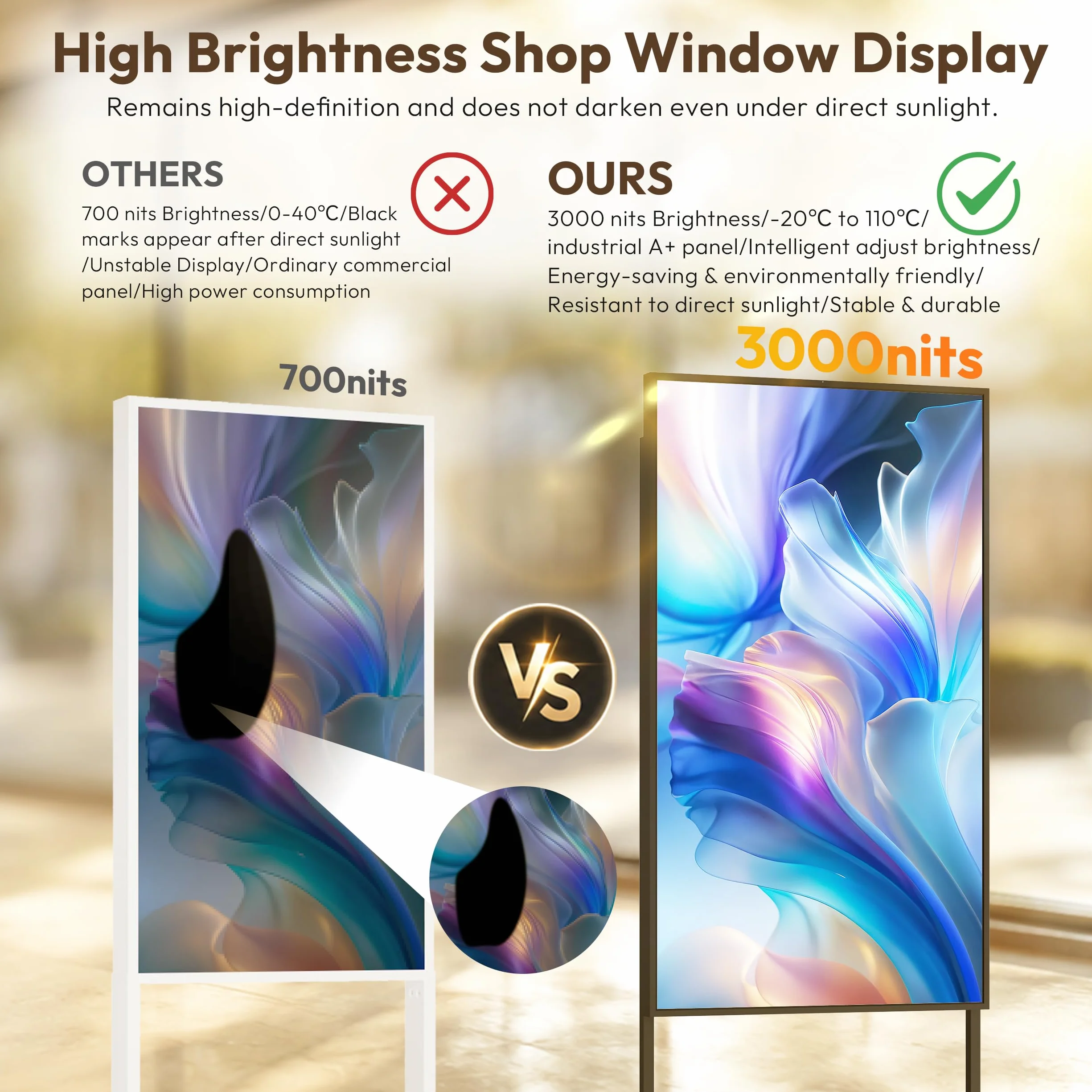 HARZHI 65" 4K UHD wyświetlacz LCD cyfrowy wyświetlacz reklamowy, 3000 Nit, wysoka jasność, chmura/aplikacja/zdalne sterowanie, HDMI/USB/WiFi, do postawienia / zawieszenia / montażu na ścianie do