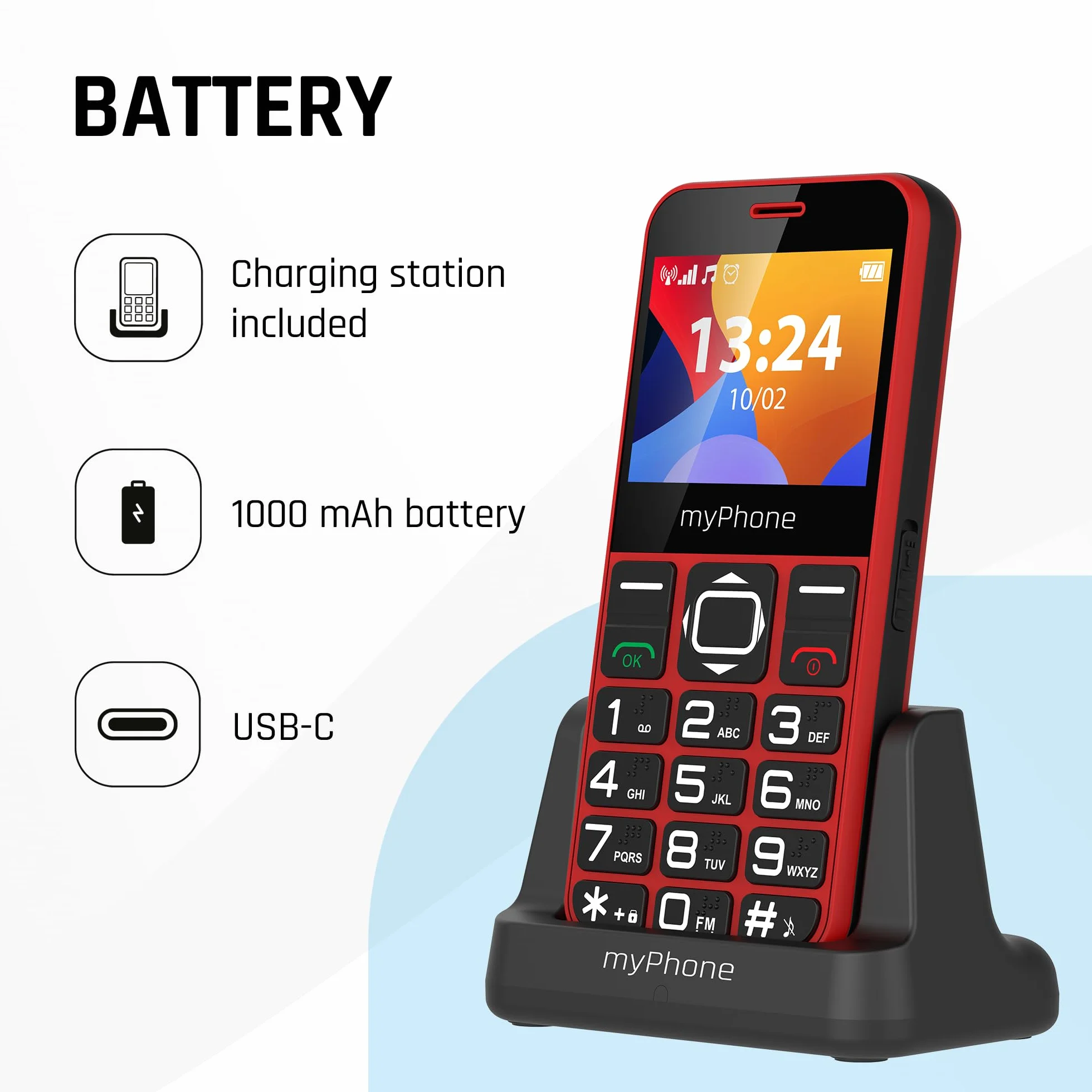 MP myPhone Halo 3 klasyczny telefon dla seniora babci dziadka z bazą ładującą, przycisk SOS, duże klawisze, duży wyświetlacz 2,3 cala, fotokontakty, aparat, przycisk SOS - czerwony